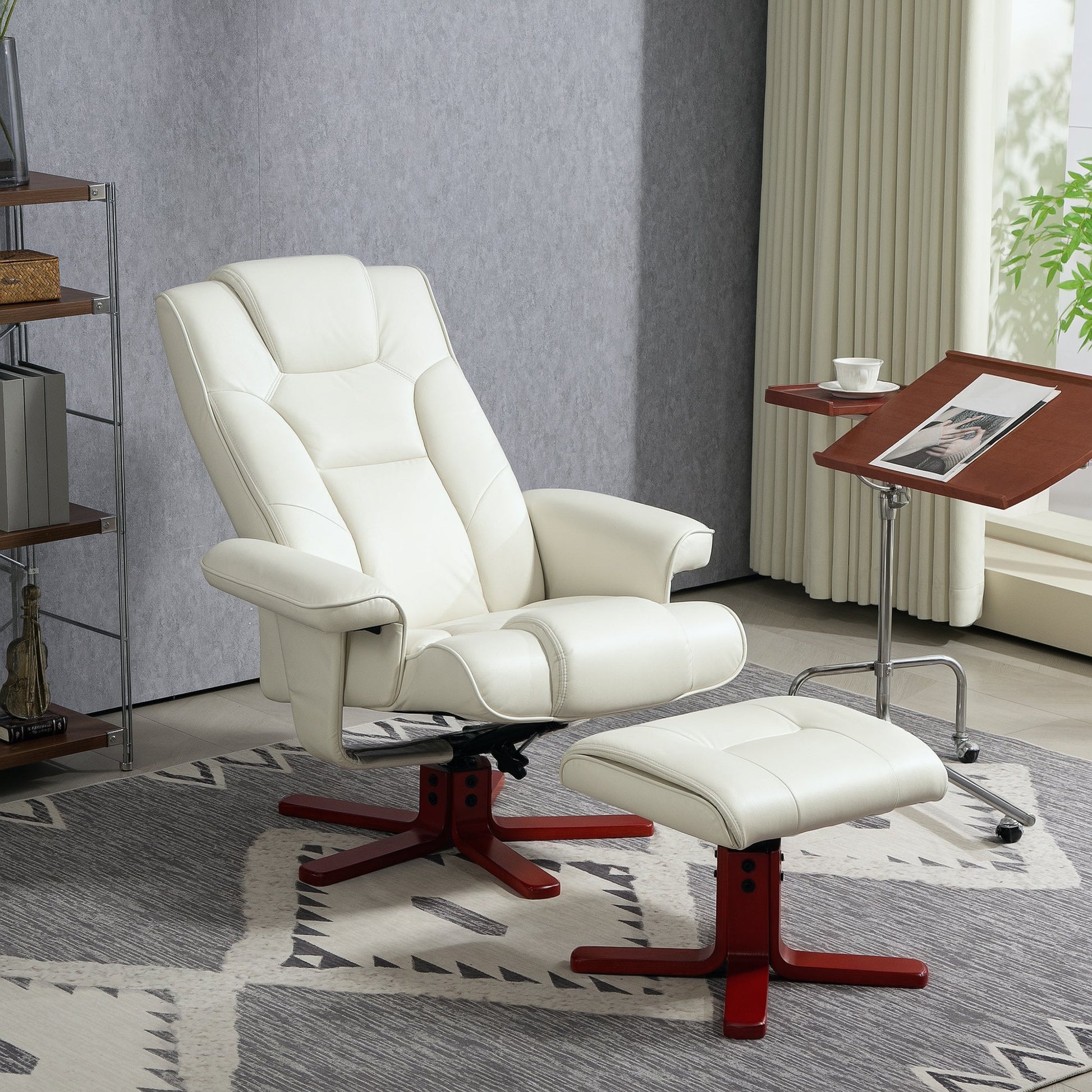 Recliner Chair with Footstool, PU Leather Rocker Recliner Armchair with High Back, Wooden Base, Reclining Chair for Living Room, Bedroom, Cream White