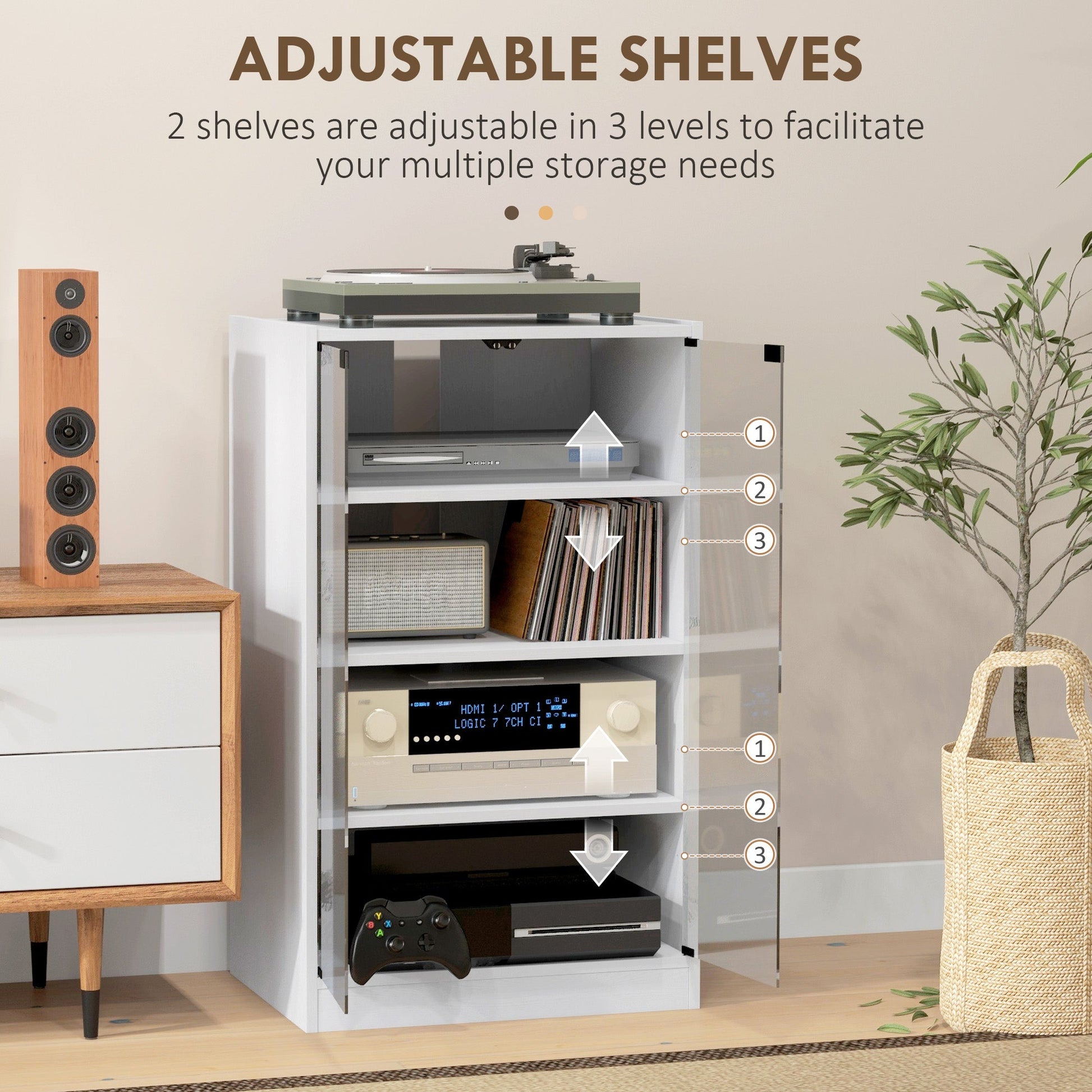 Record Player Stand with Storage, 4-Tier Hi-Fi Stand, Media Cabinet with Adjustable Shelves, Push-to-Open Glass Doors and Cable Management for Music Room and Living Room, White Wood-Effect