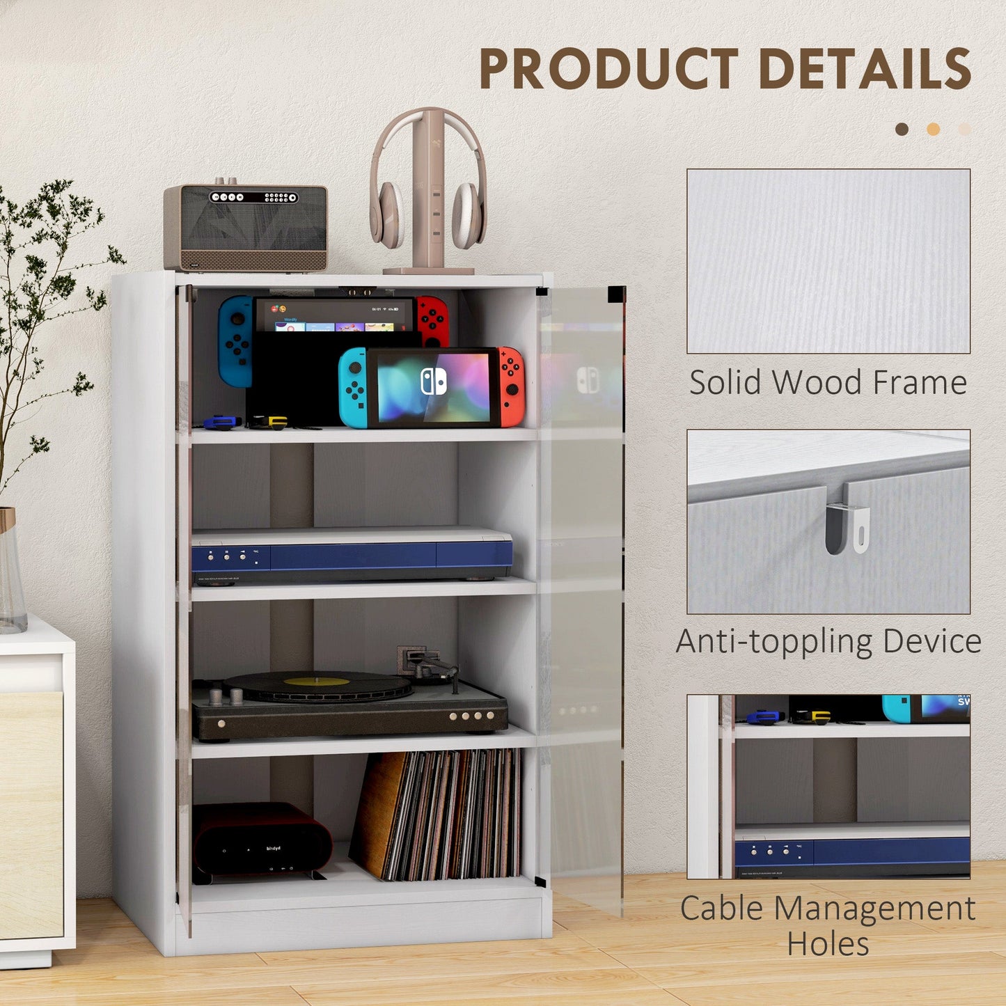 Record Player Stand with Storage, 4-Tier Hi-Fi Stand, Media Cabinet with Adjustable Shelves, Push-to-Open Glass Doors and Cable Management for Music Room and Living Room, White Wood-Effect