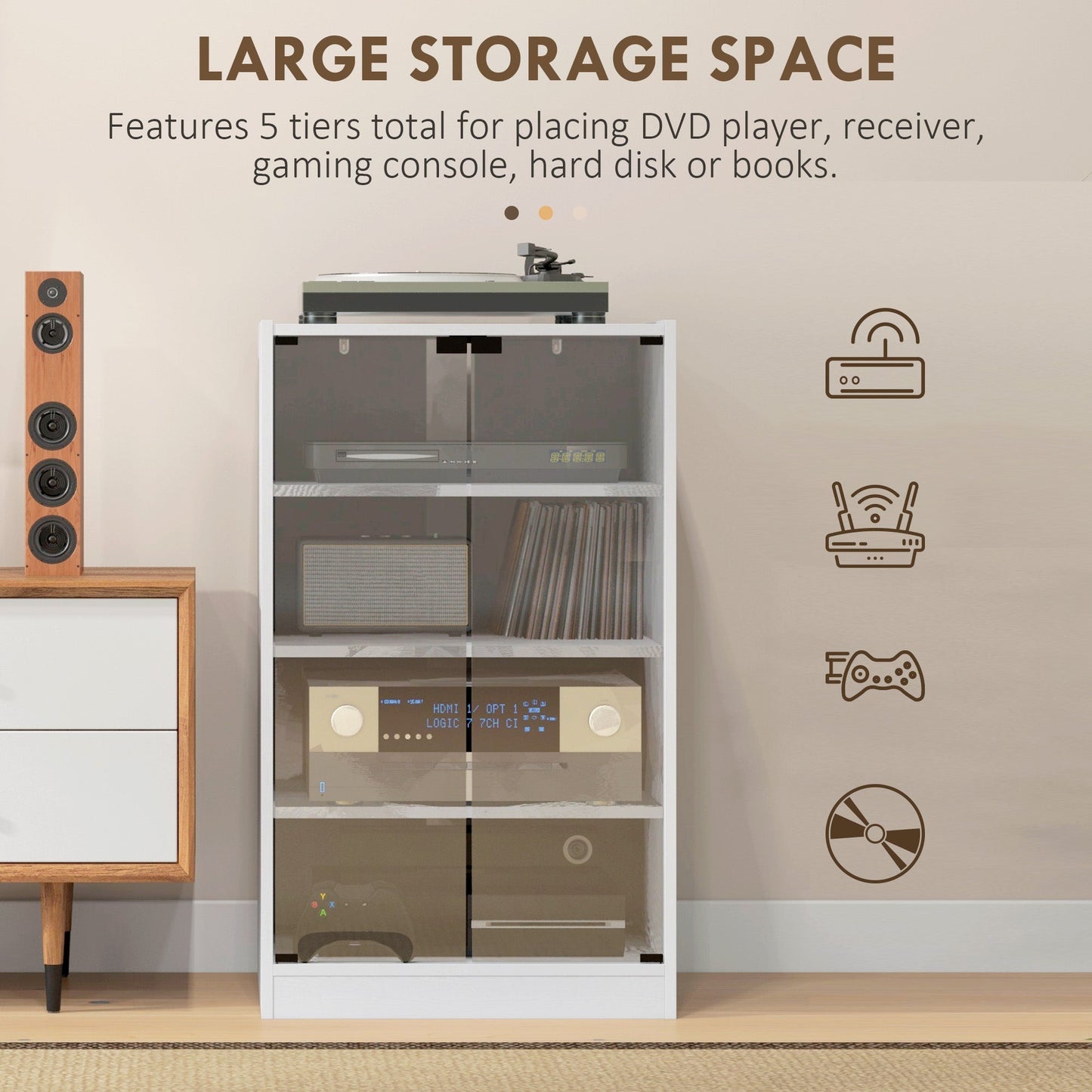 Record Player Stand with Storage, 4-Tier Hi-Fi Stand, Media Cabinet with Adjustable Shelves, Push-to-Open Glass Doors and Cable Management for Music Room and Living Room, White Wood-Effect