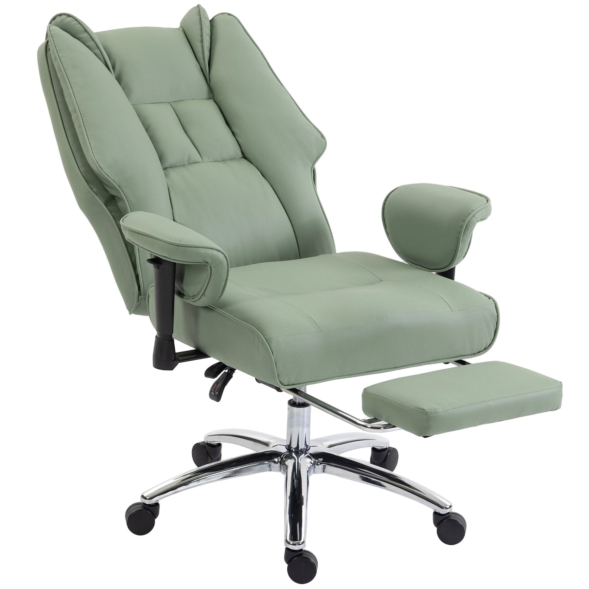 Executive Office Chair, Ergonomic Reclining Computer Desk Chair with Footrest, Adjustable Armrests, Spring Seat, High Back, Thick Cushion, Pet Friendly Faux Leather, Swivel, Green