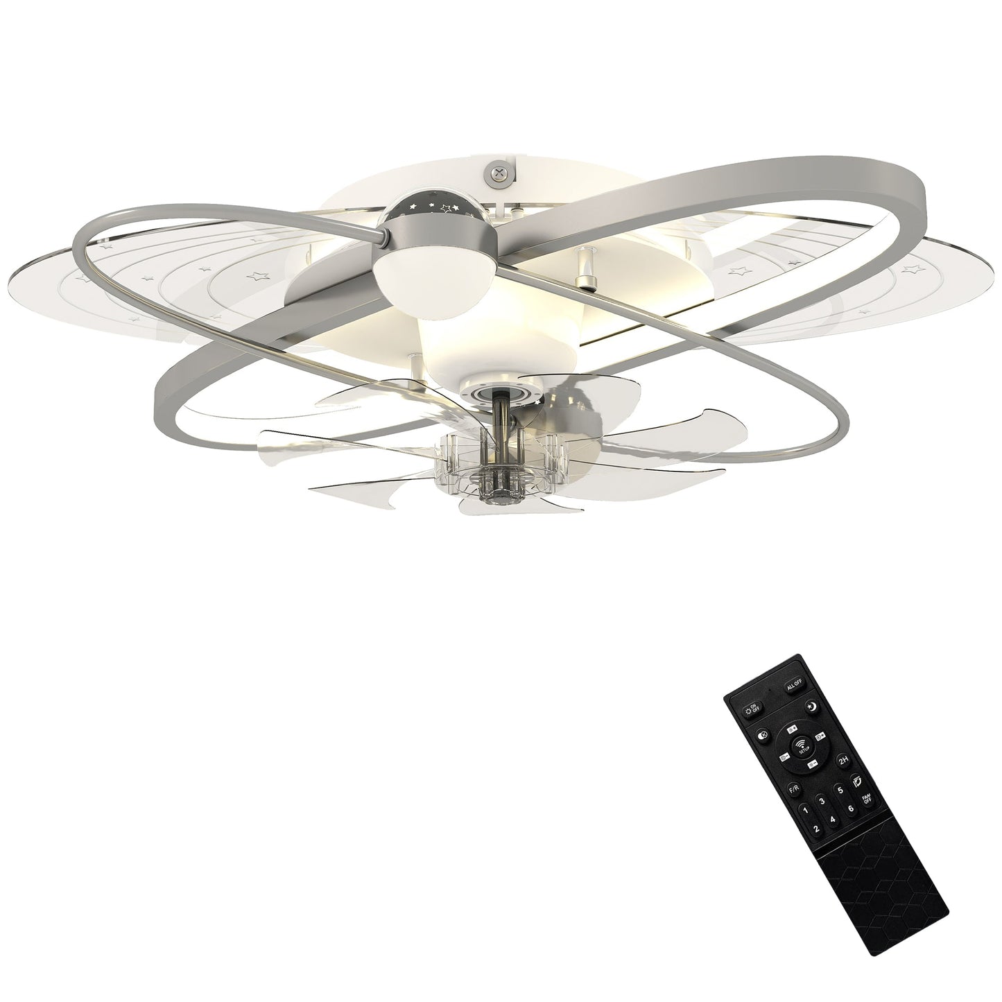 Ceiling Fans with Lights and Remote & App Control, 62 cm Modern LED Ceiling Fan Light with 3 Colour Temperatures, 6 Speed, Timer, Dimmable, Quiet Reversible DC Motor, for Bedroom, Silver Tone