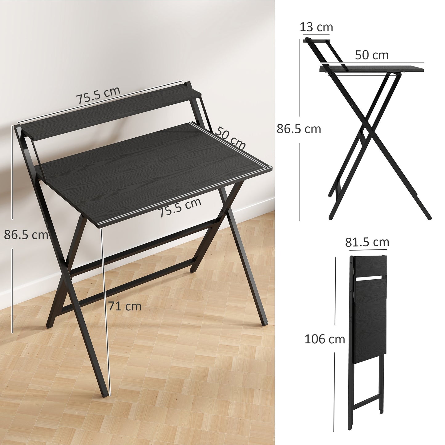 Folding Desk with Monitor Shelf, 81.5 cm Foldable Computer Desk for Small Spaces, Space Saving Writing Table Workstation for Home Office, Study, Easy Assembly, Black
