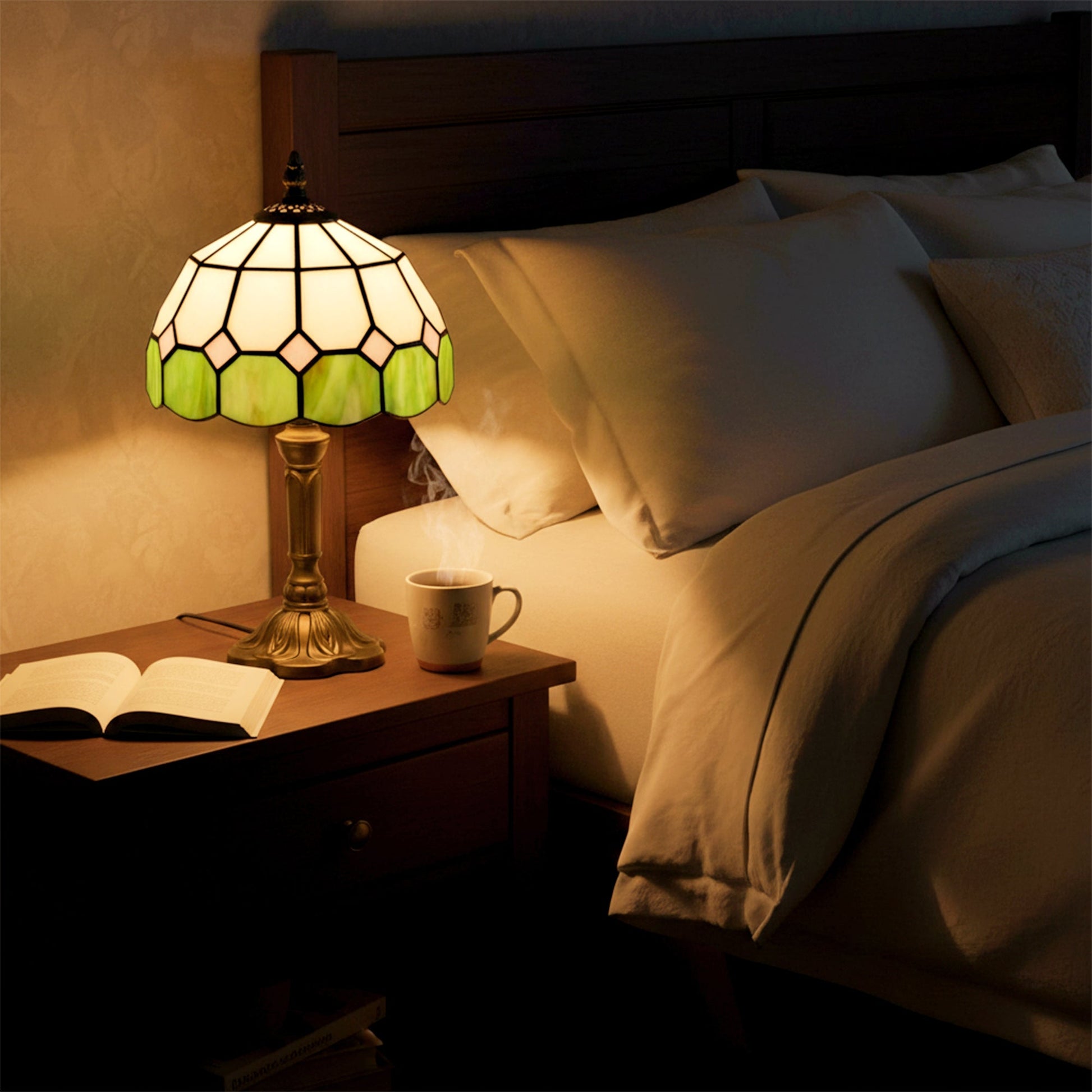 Handmade Stained Glass Table Lamp, Tiffany-Style Bedside Lamp for Bedroom, Living room, Home, Nightstand, Decorative Night Light, Green