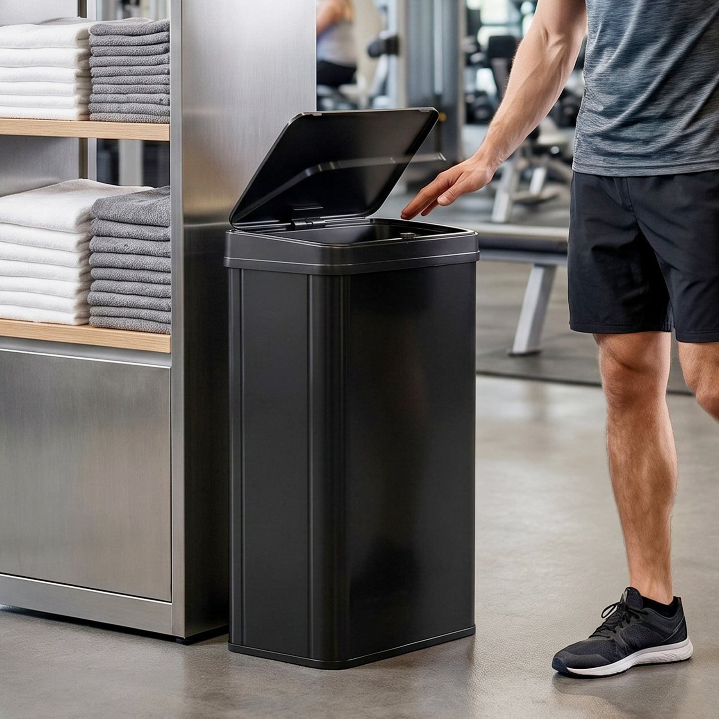 50L Sensor Bin with Quiet Soft-Close Lid, Automatic Touchless Motion Sensor Kitchen Bin with Fingerprint Resistant Stainless Steel for Hygienic Gyms, Home Office Use, Black