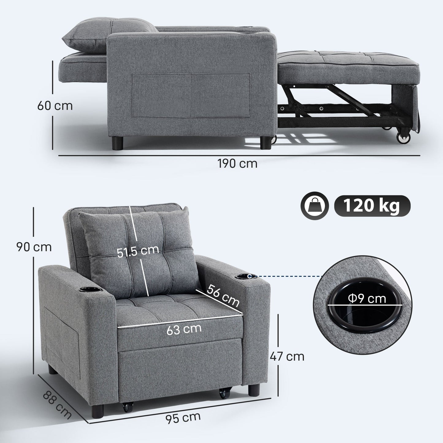 3-in-1 Single Sofa Bed, Convertible Sleeper Chair Bed with Adjustable Backrest, Fabric Pull Out Chair with Pillow, Side Pockets and Cup Holders for Living Room, Bedroom, Small Space, Dark Grey