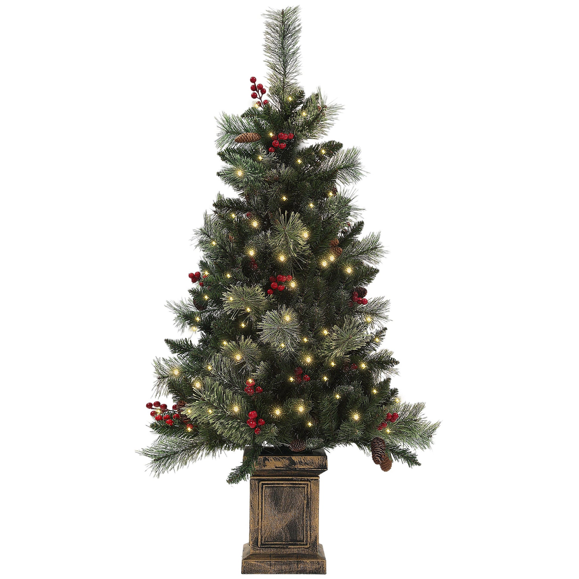 1.2m/4ft Artificial Christmas Tree with 100 Warm White LED Lights and 8 Modes, Small Xmas Tree with Red Berries, Pine Cones and Retro Base, Green