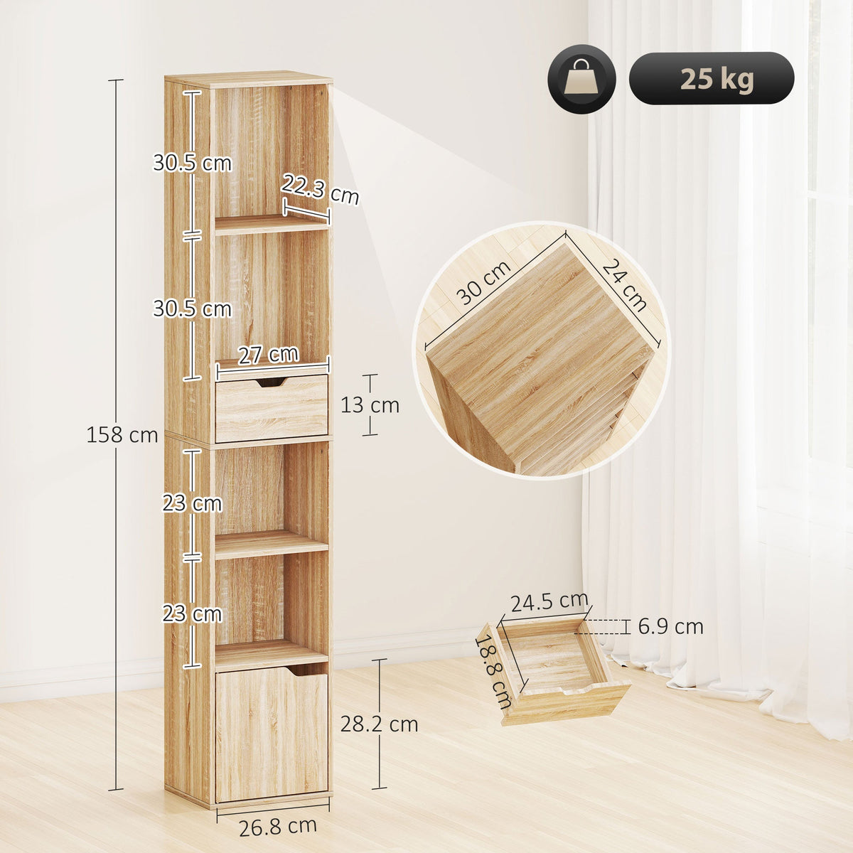 6-Tier Bookcase, Tall Narrow Bookshelf with Drawer, Door, Adjustable Shelf, Modern Display Standing Shelving Unit for Living Room, Home Office, Bedroom, 30 x 24 x 158 cm, Natural Wood Finish