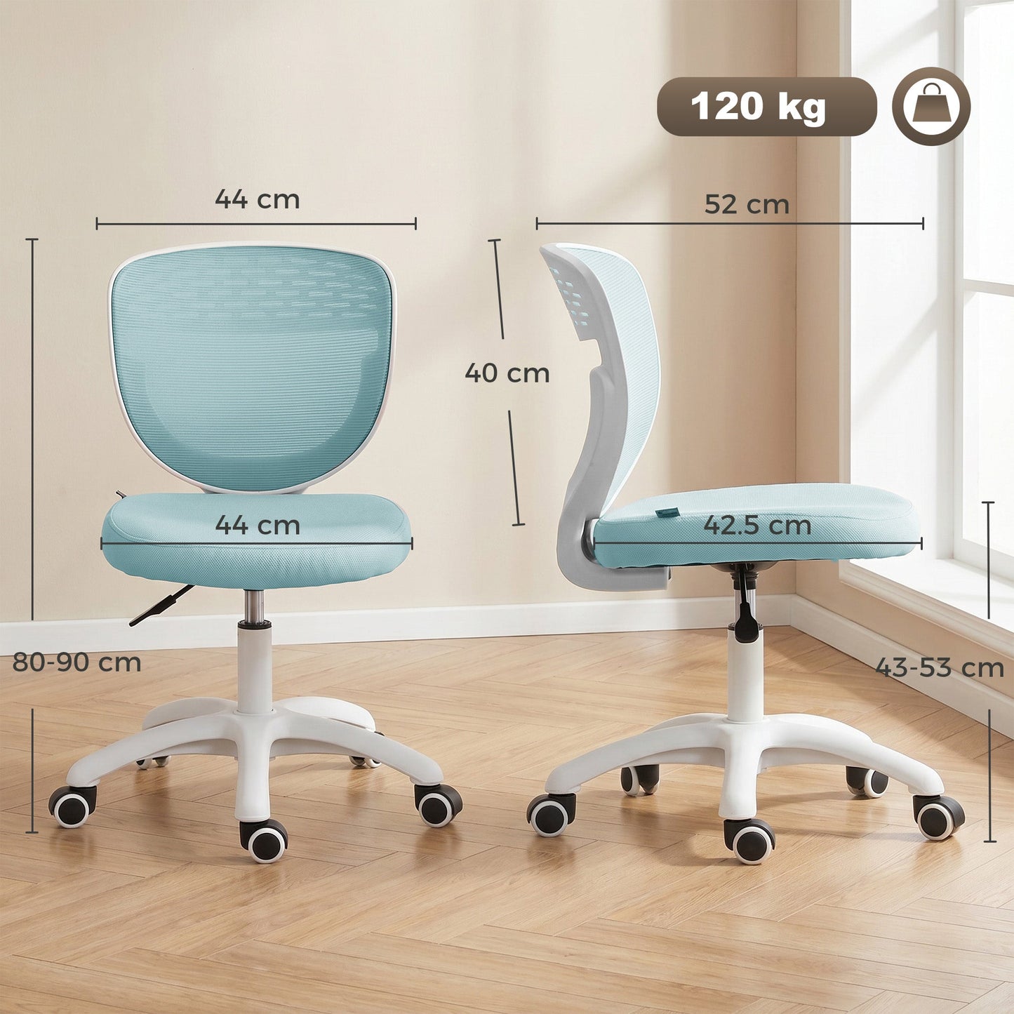 Ergonomic Office Chair, Armless Computer Desk Chair with Breathable Mesh Back, Padded Seat and Swivel Wheels, Adjustable Height for Home Office Study Bedroom, Light Blue