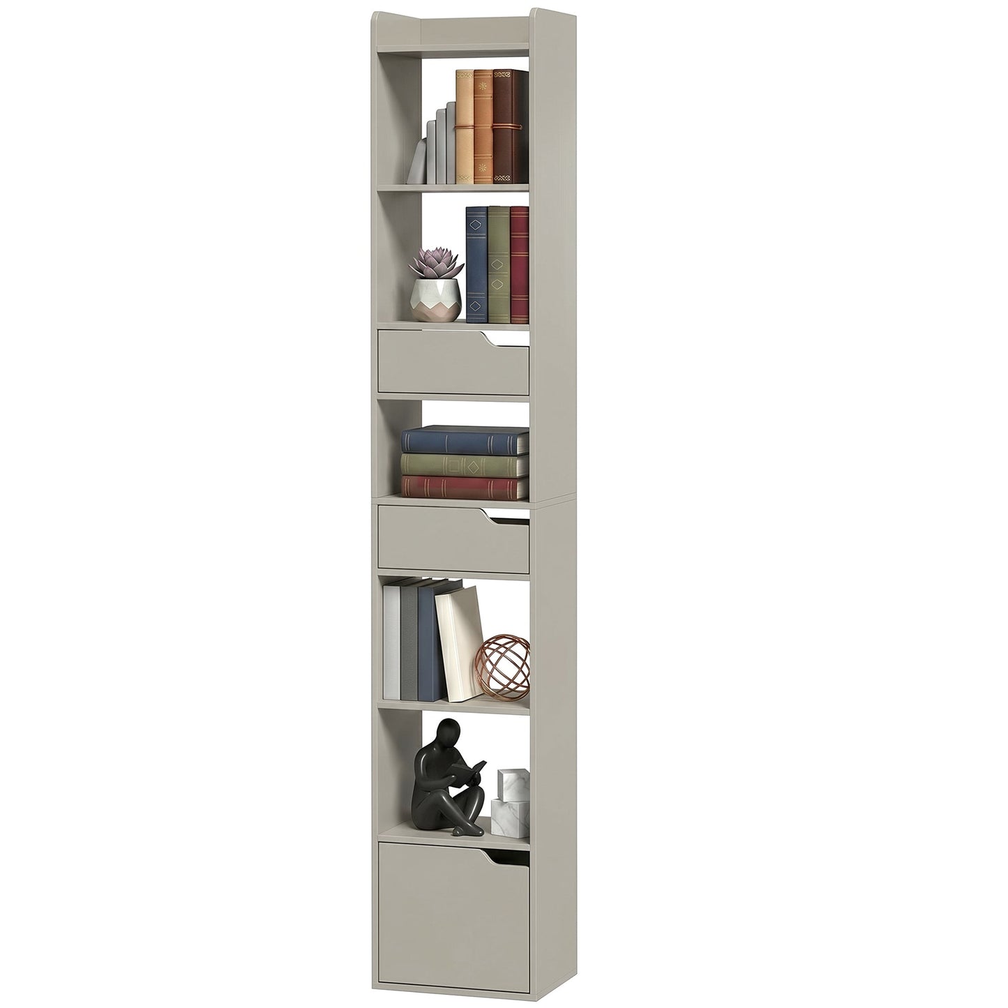 Bookcase with Drawers and Cabinet, 5-Tier Bookshelf, Narrow Tall Storage Cabinet with Anti-Tip for Living Room, Study, Home Office, Grey