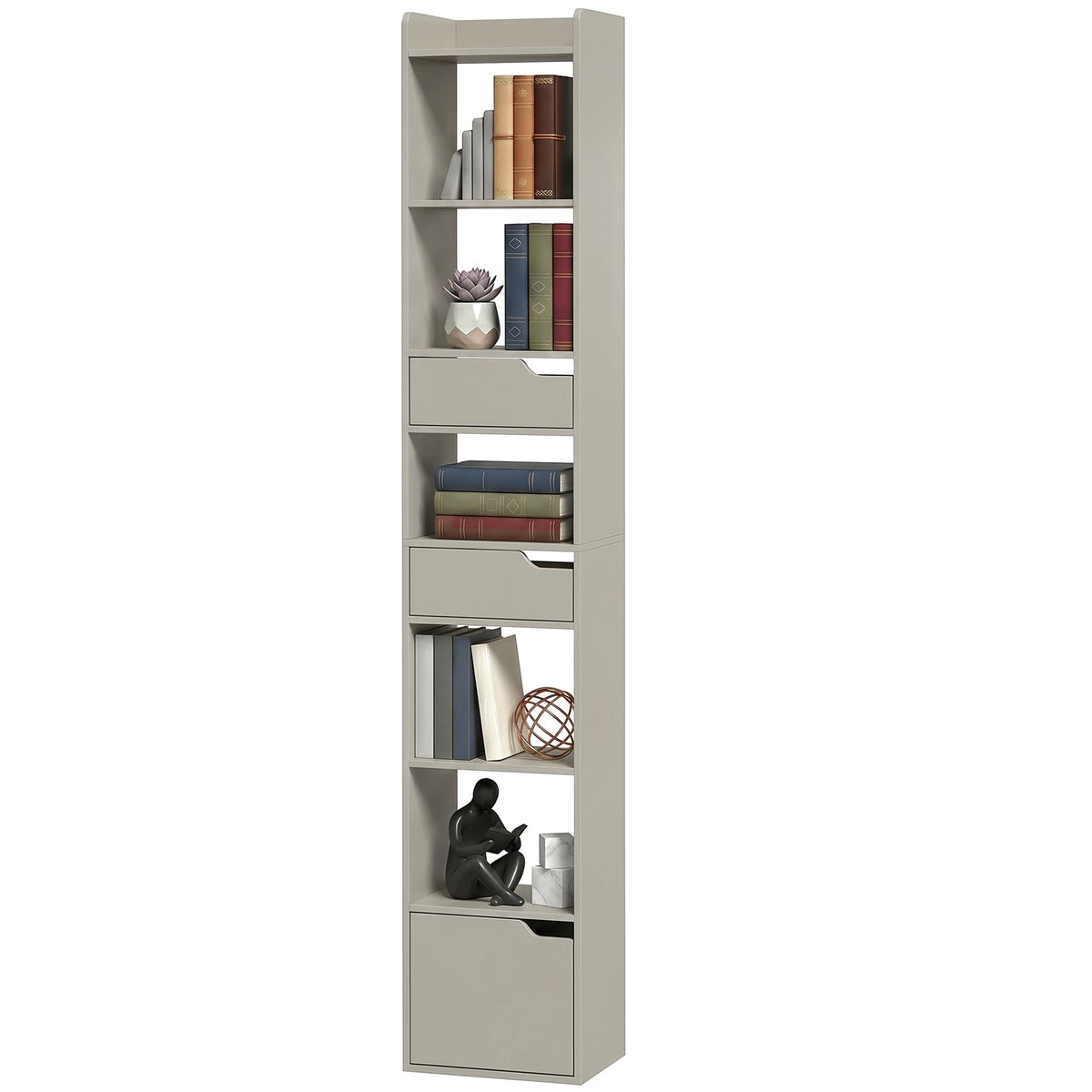 Bookcase with Drawers and Cabinet, 5-Tier Bookshelf, Narrow Tall Storage Cabinet with Anti-Tip for Living Room, Study, Home Office, Grey