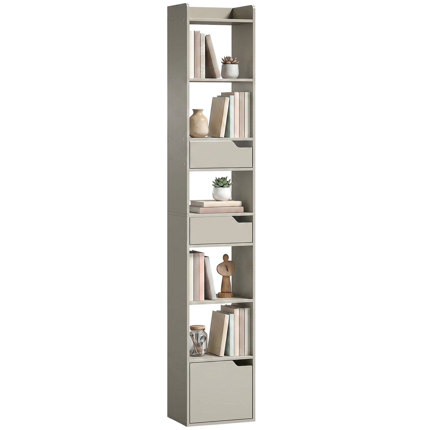 Bookcase with Drawers and Cabinet, 5-Tier Bookshelf, Narrow Tall Storage Cabinet with Anti-Tip for Living Room, Study, Home Office, Grey