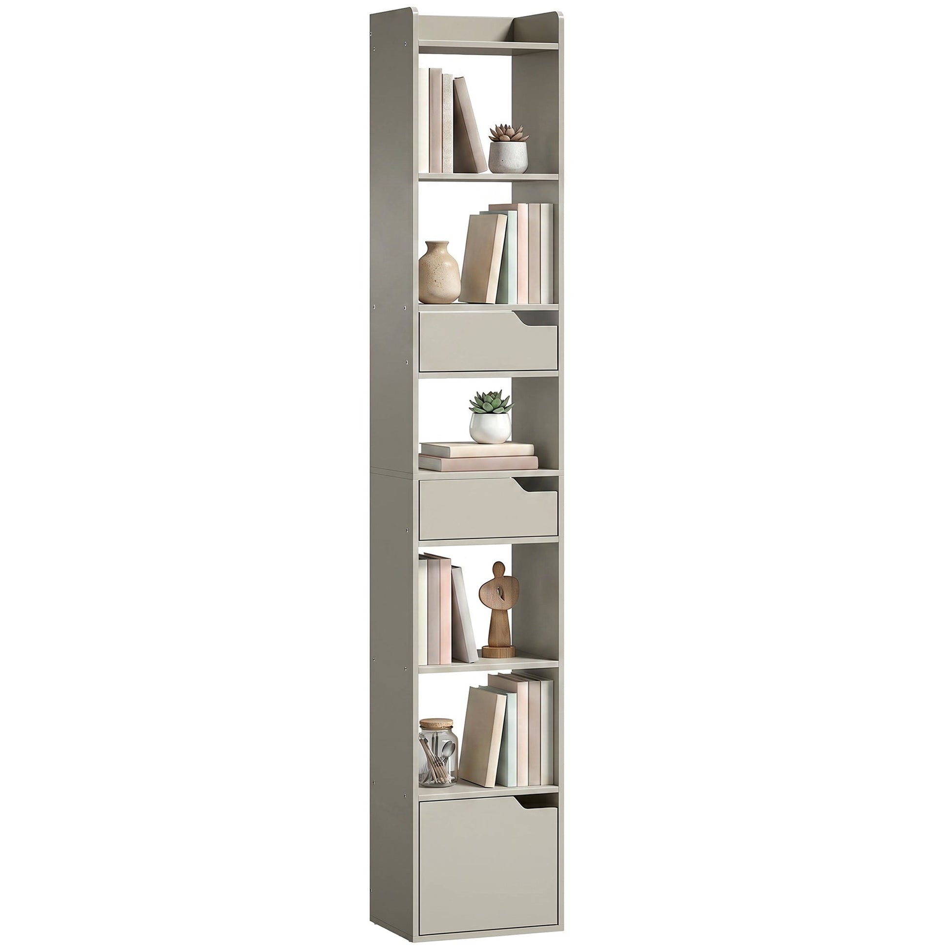 Bookcase with Drawers and Cabinet, 5-Tier Bookshelf, Narrow Tall Storage Cabinet with Anti-Tip for Living Room, Study, Home Office, Grey