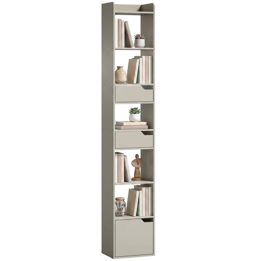 Bookcase with Drawers and Cabinet, 5-Tier Bookshelf, Narrow Tall Storage Cabinet with Anti-Tip for Living Room, Study, Home Office, Grey