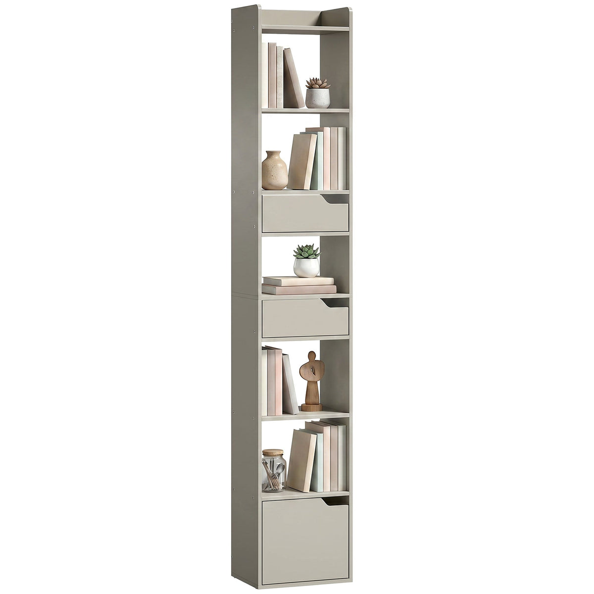 Bookcase with Drawers and Cabinet, 5-Tier Bookshelf, Narrow Tall Storage Cabinet with Anti-Tip for Living Room, Study, Home Office, Grey