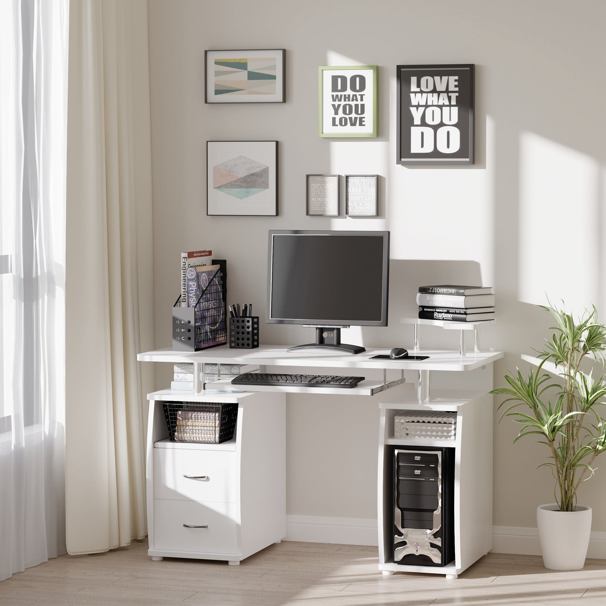 HOMCOM Computer Desk Office PC Table Workstation with Keyboard Tray, CPU Shelf, Drawers, Sliding Scanner Shelf, White