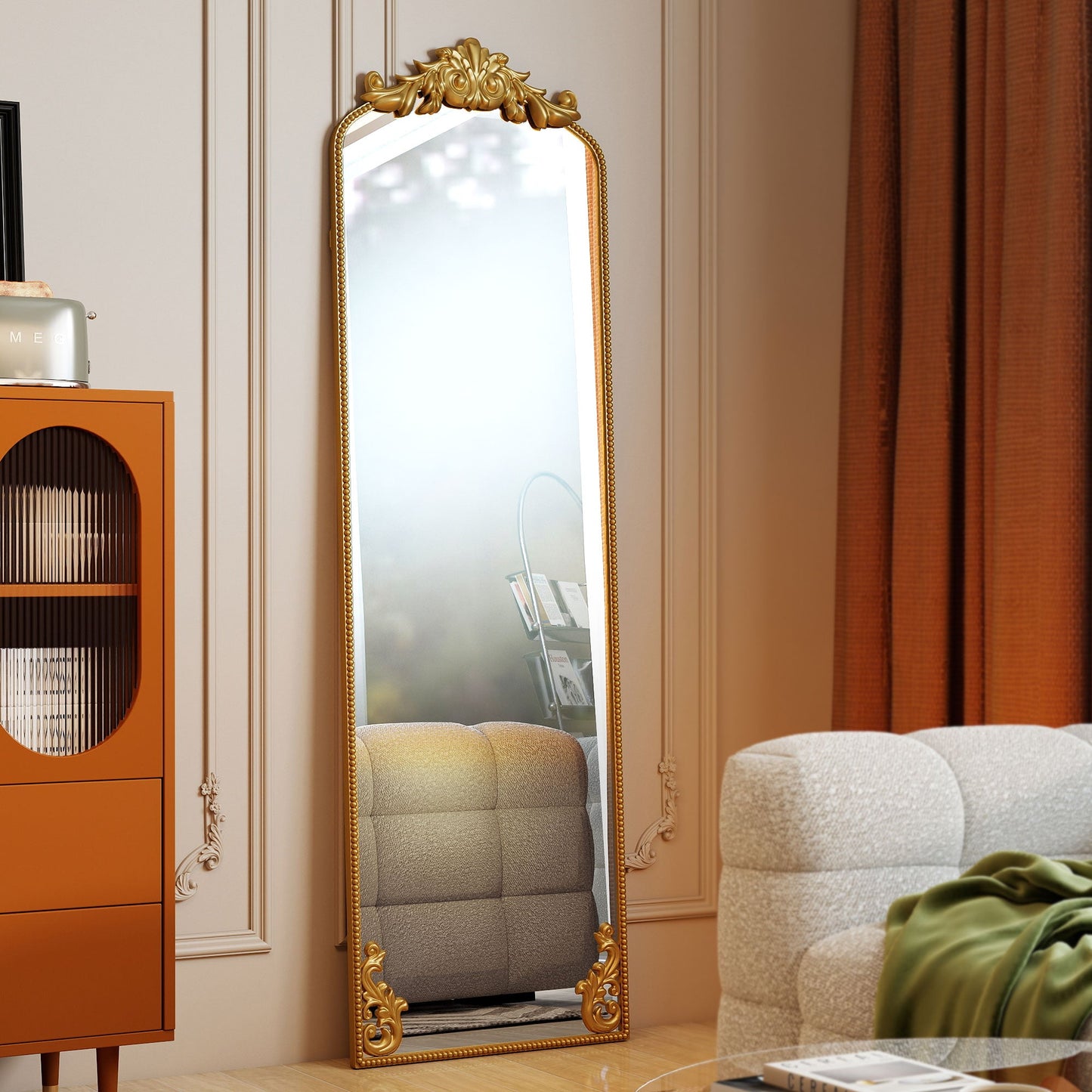 Full Length Mirror, 50 x 160 cm Hanging or Leaning Against Wall Floor Mirror with Baroque Metal Frame for Bedroom, Living Room, Dressing Room, Gold Tone