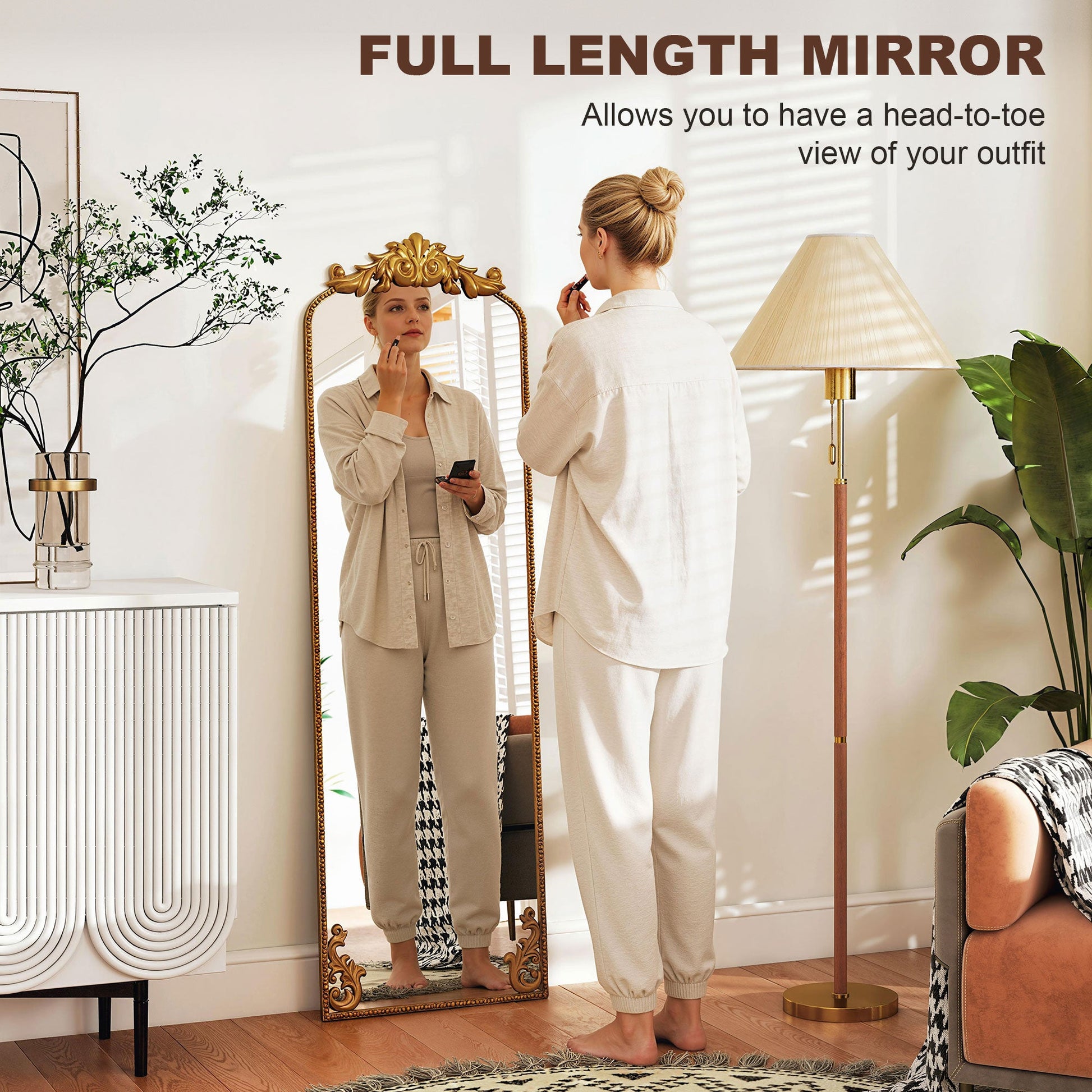 Full Length Mirror, 50 x 160 cm Hanging or Leaning Against Wall Floor Mirror with Baroque Metal Frame for Bedroom, Living Room, Dressing Room, Gold Tone