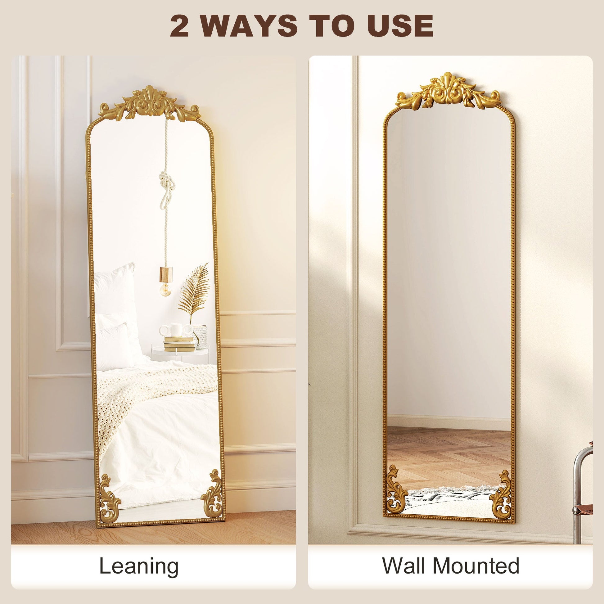 Full Length Mirror, 50 x 160 cm Hanging or Leaning Against Wall Floor Mirror with Baroque Metal Frame for Bedroom, Living Room, Dressing Room, Gold Tone