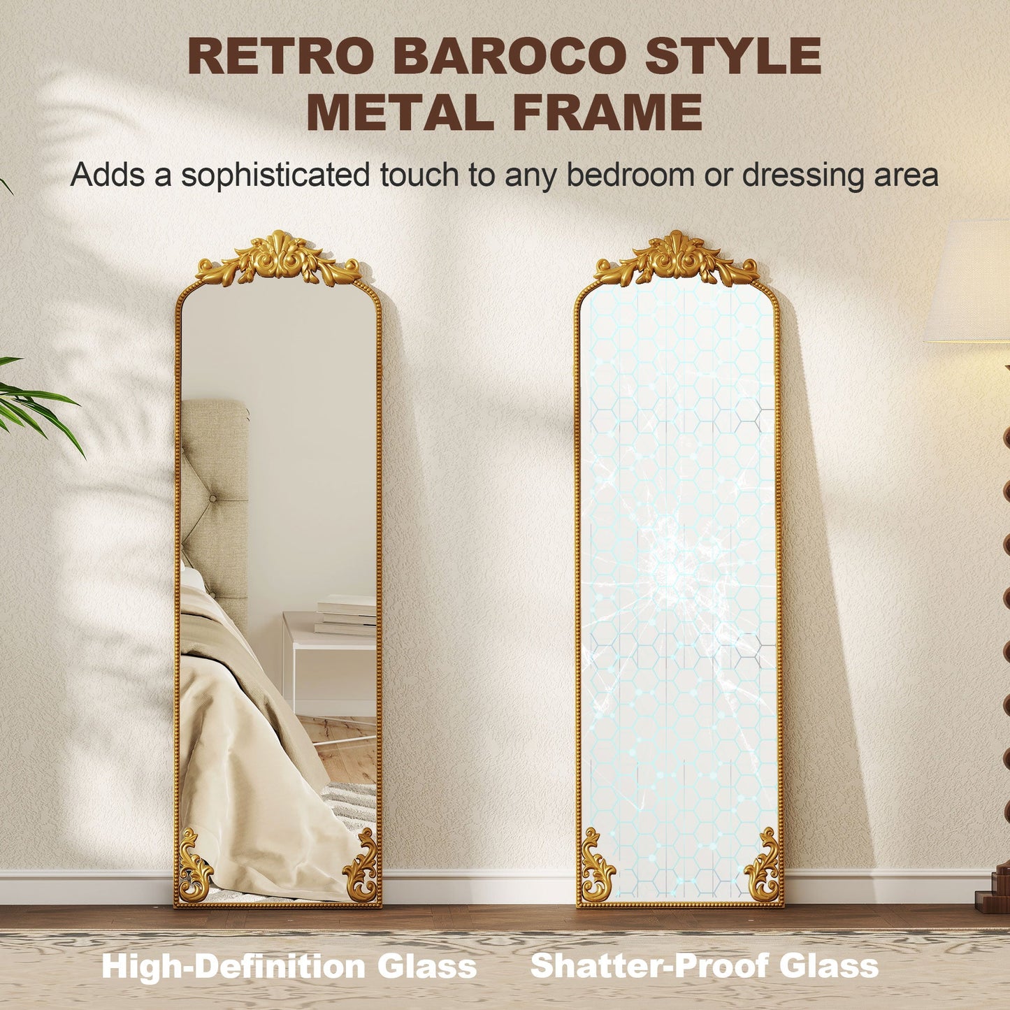Full Length Mirror, 50 x 160 cm Hanging or Leaning Against Wall Floor Mirror with Baroque Metal Frame for Bedroom, Living Room, Dressing Room, Gold Tone