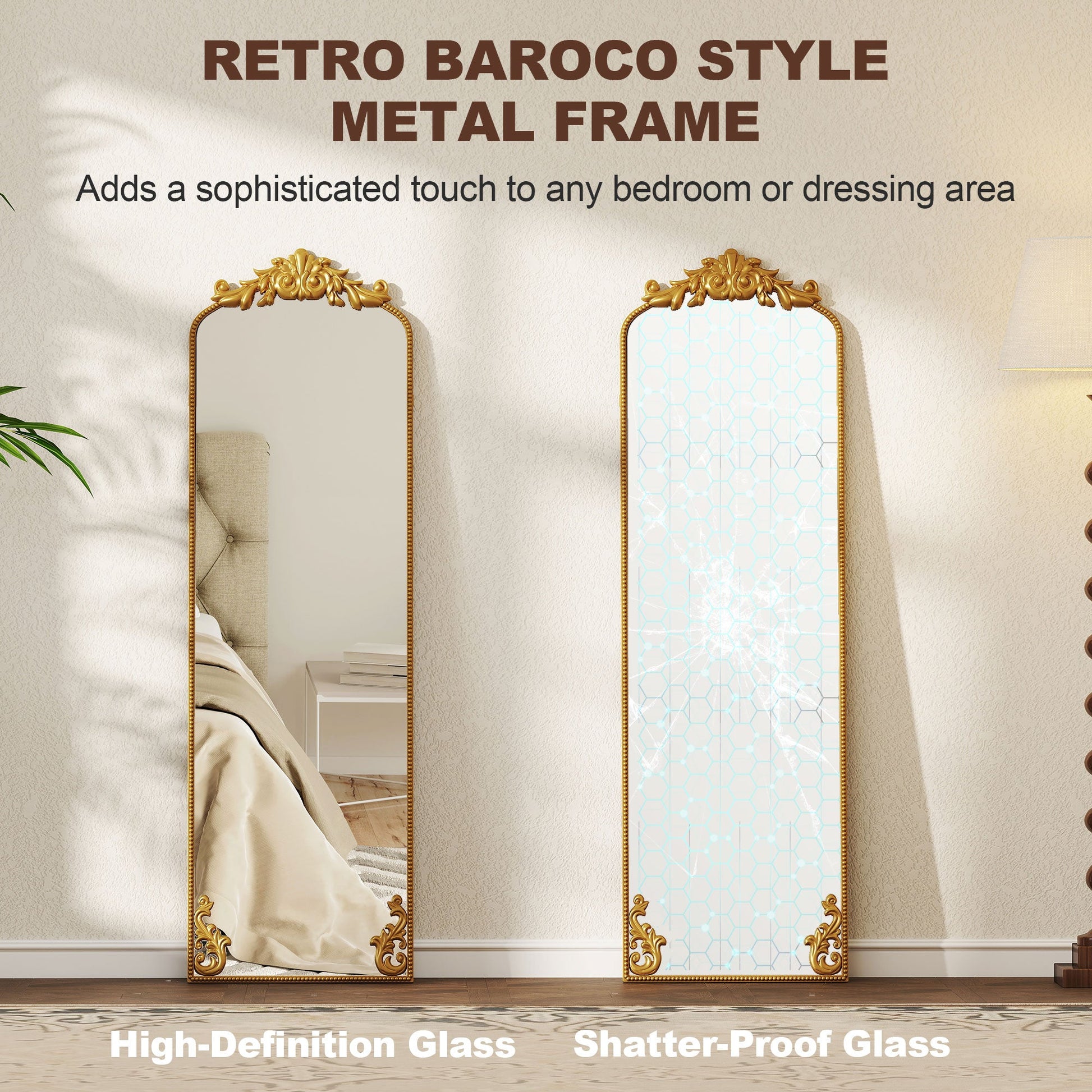 Full Length Mirror, 50 x 160 cm Hanging or Leaning Against Wall Floor Mirror with Baroque Metal Frame for Bedroom, Living Room, Dressing Room, Gold Tone