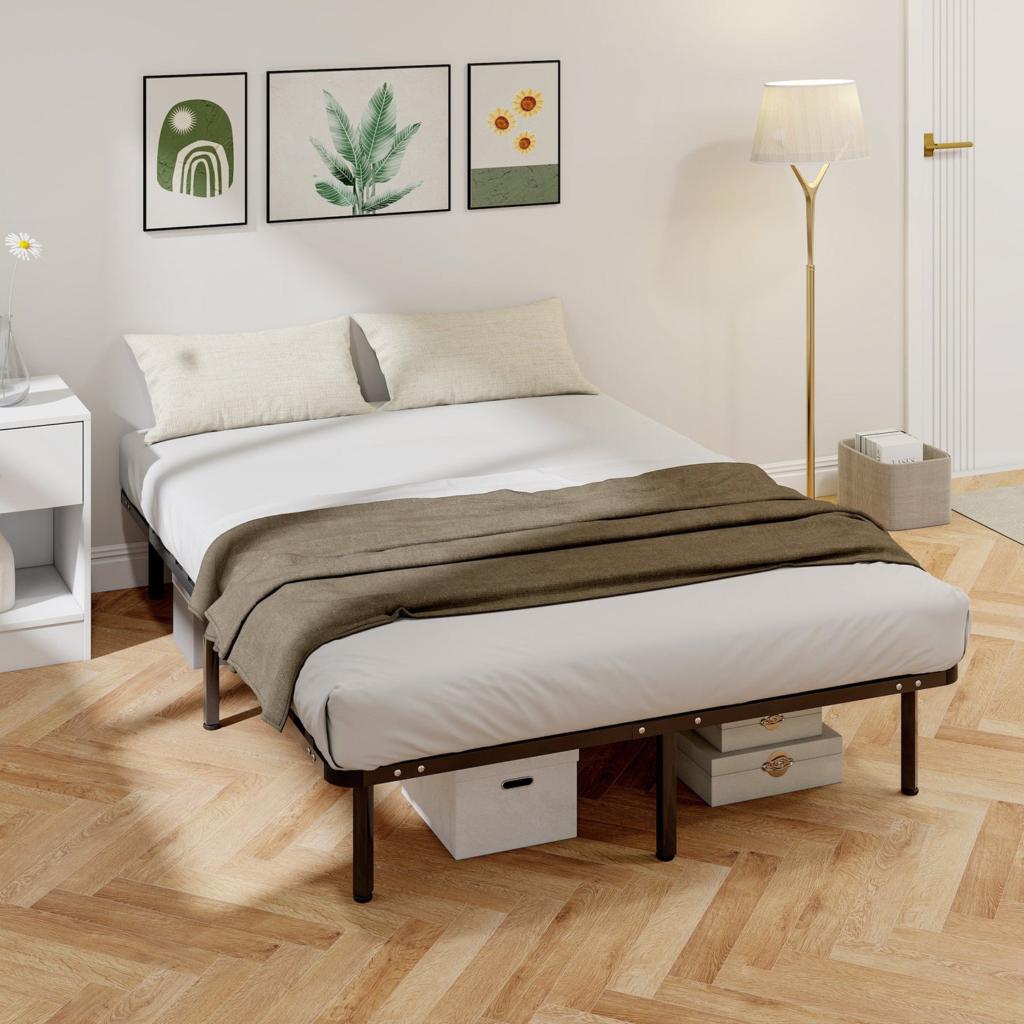 4ft6 Double Bed Frame, Metal Platform Bed Frame with 2 x 14 Wood Slats, No Box Spring Needed, Underbed Storage, Easy to Assemble, Black