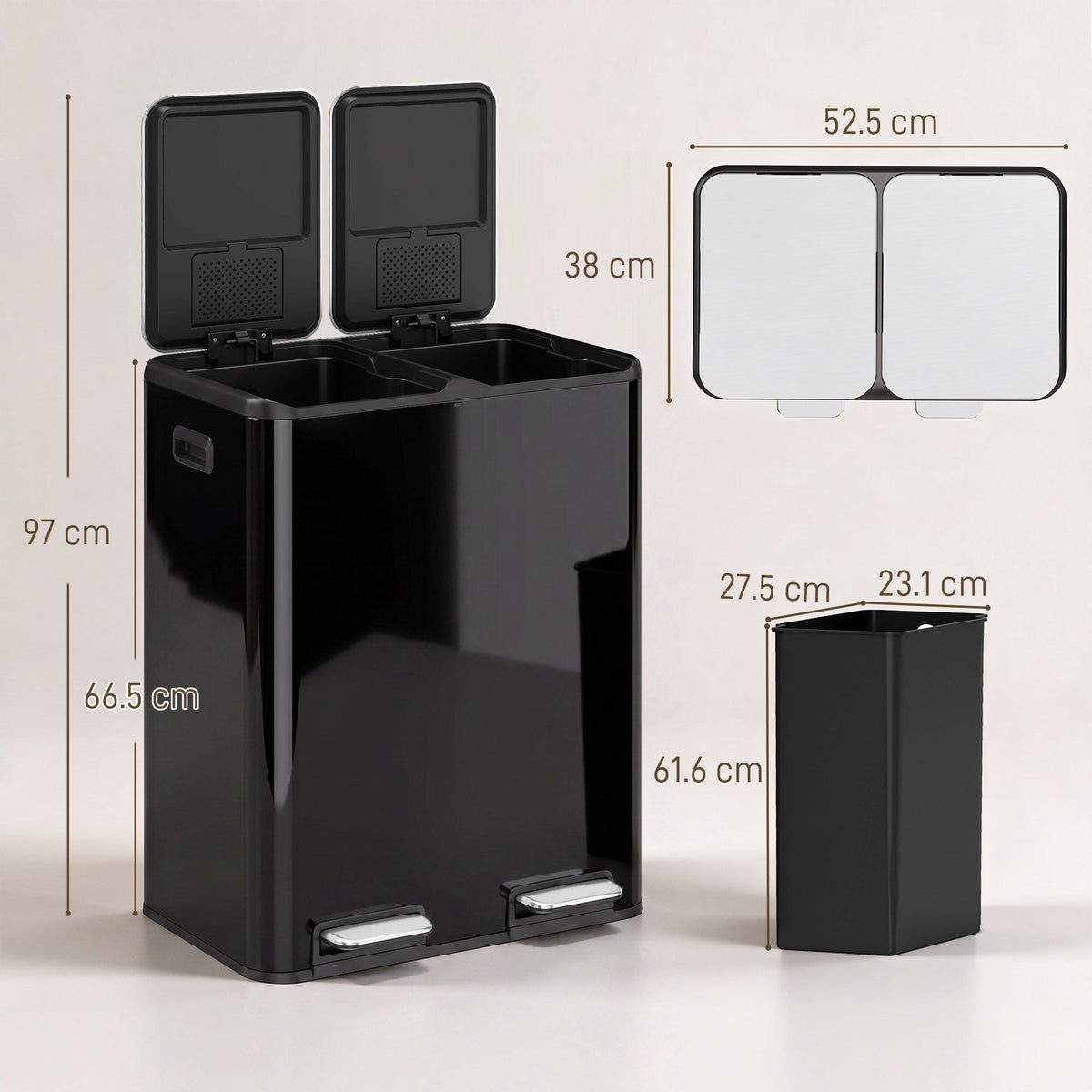 2 x 30L Double Kitchen Bin, Stainless Steel Pedal Rubbish Bin with Dual Compartments, Soft Close & Stay-Open Lids, Removable Inner Buckets for Kitchen, Home, Office, Recycling, High Gloss Black