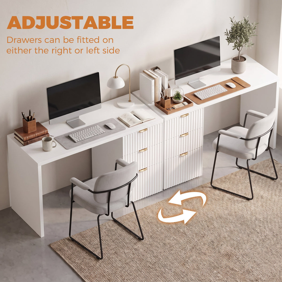 Computer Desk with 3 Drawers, 120 cm Reversible Home Office Desk with Storage, Thick Top, Modern Study Table with File Drawer for A4 and Letter Size, Bedroom, Studio, White