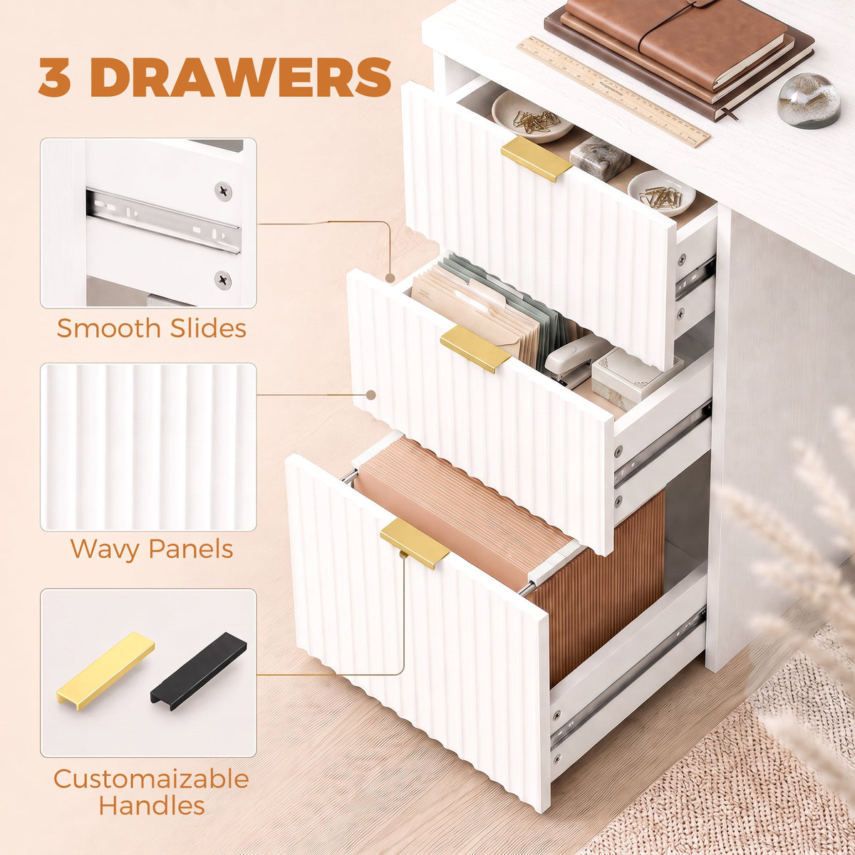 Computer Desk with 3 Drawers, 120 cm Reversible Home Office Desk with Storage, Thick Top, Modern Study Table with File Drawer for A4 and Letter Size, Bedroom, Studio, White