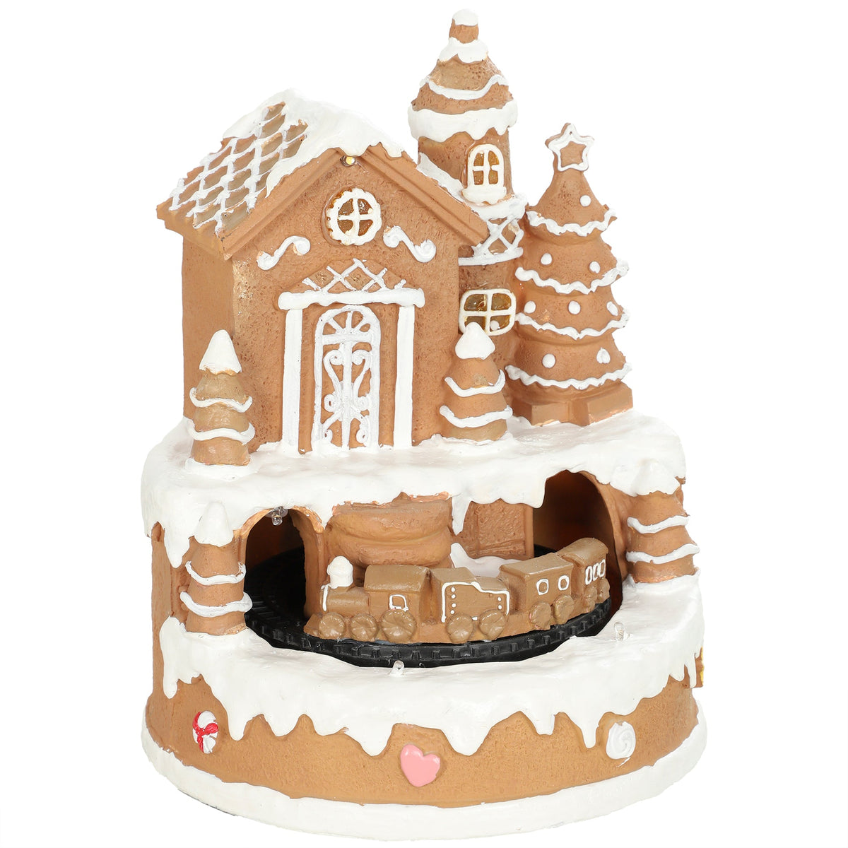 Christmas Gingerbread House, Lighted Musical Snow Village, Tabletop Polyresin Decoration with Rotating Train, 7 Warm White LED Lights, 8 Classic Christmas Tunes, Battery Operated