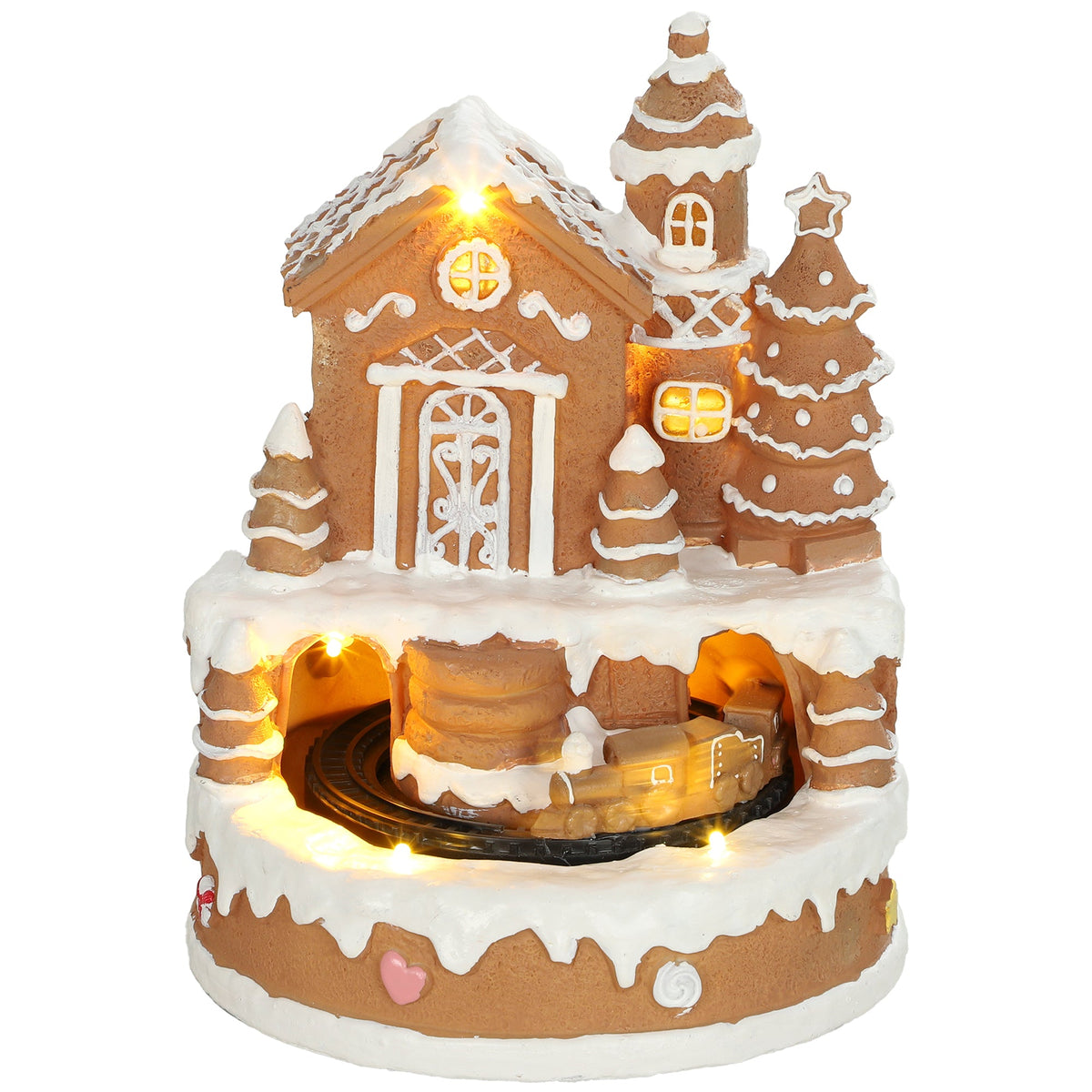 Christmas Gingerbread House, Lighted Musical Snow Village, Tabletop Polyresin Decoration with Rotating Train, 7 Warm White LED Lights, 8 Classic Christmas Tunes, Battery Operated