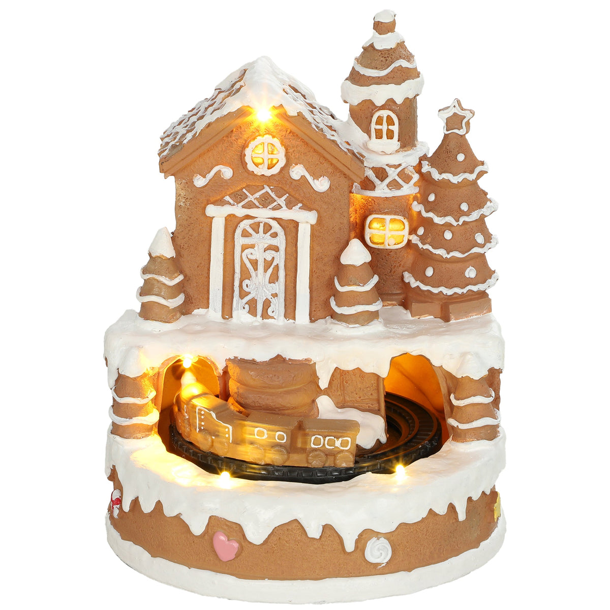 Christmas Gingerbread House, Lighted Musical Snow Village, Tabletop Polyresin Decoration with Rotating Train, 7 Warm White LED Lights, 8 Classic Christmas Tunes, Battery Operated