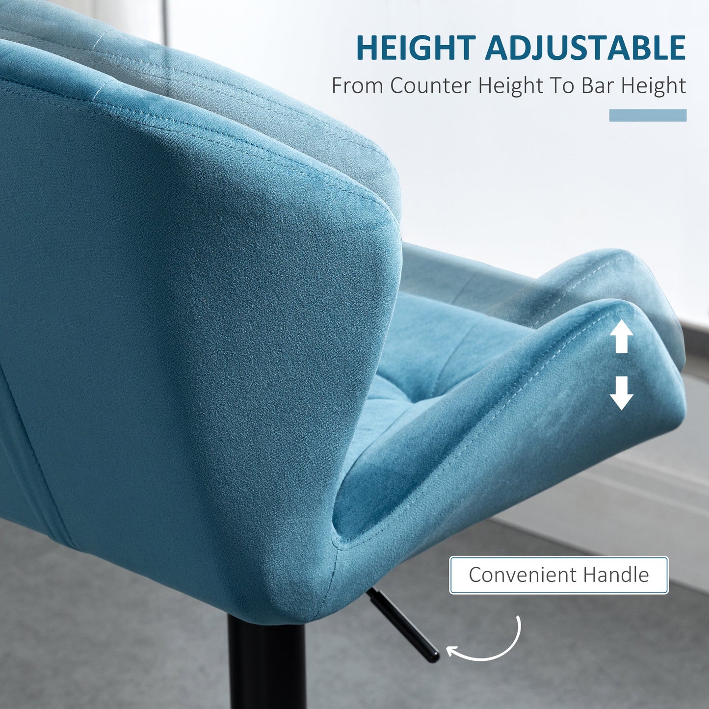 HOMCOM Bar Stools Set Of 2, Luxurious Velvet-Touch Barstools with Metal Frame Footrest Round Base Triangle Indenting Moulded Seat Adjustable Height Swivel Blue