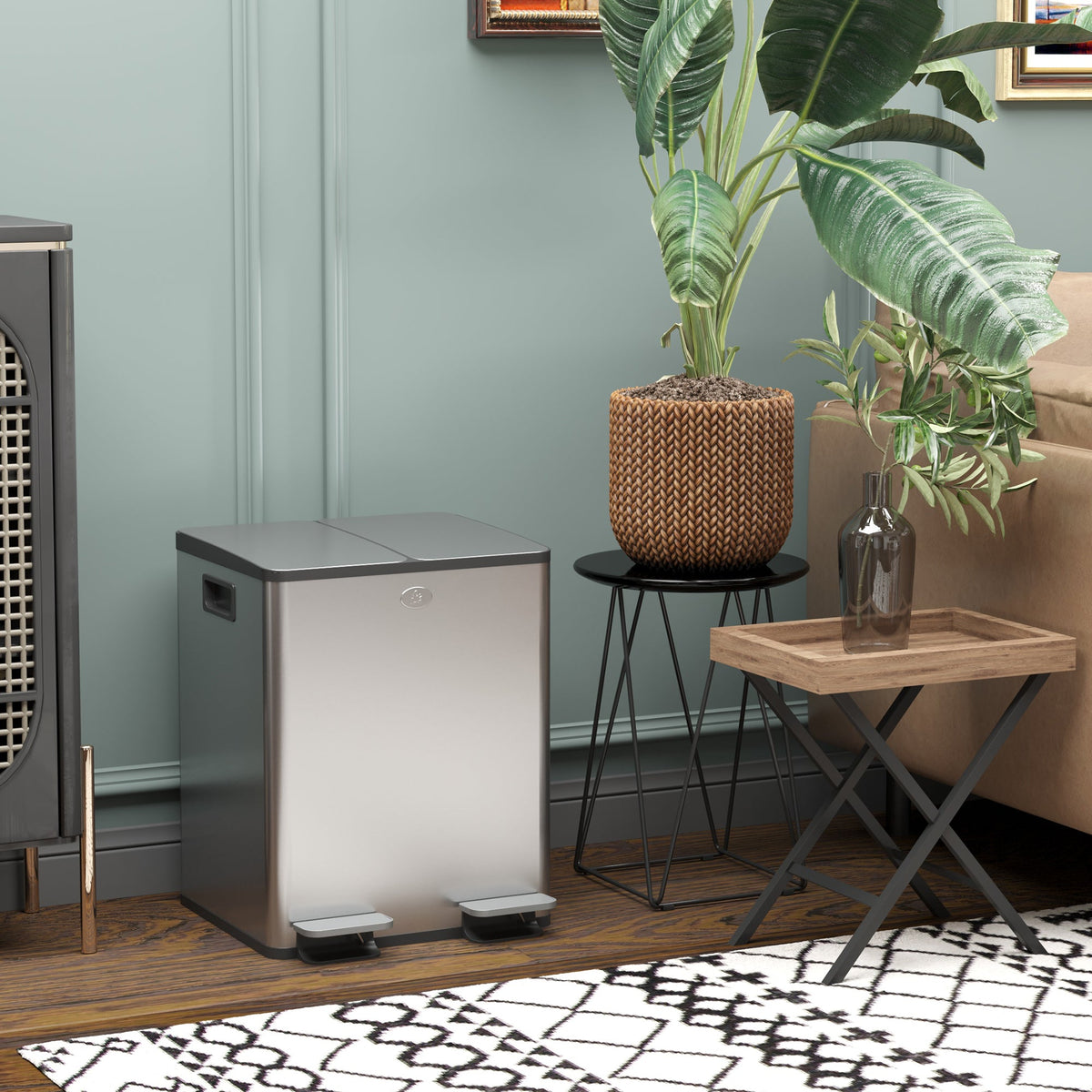 HOMCOM Dual Kitchen Bin, 2 x 20L Pedal Bin, Stainless Steel Double Rubbish Bin with Soft Close Lid, Removable Inner Buckets, Fingerprint-Proof for Recycling and Waste, Silver