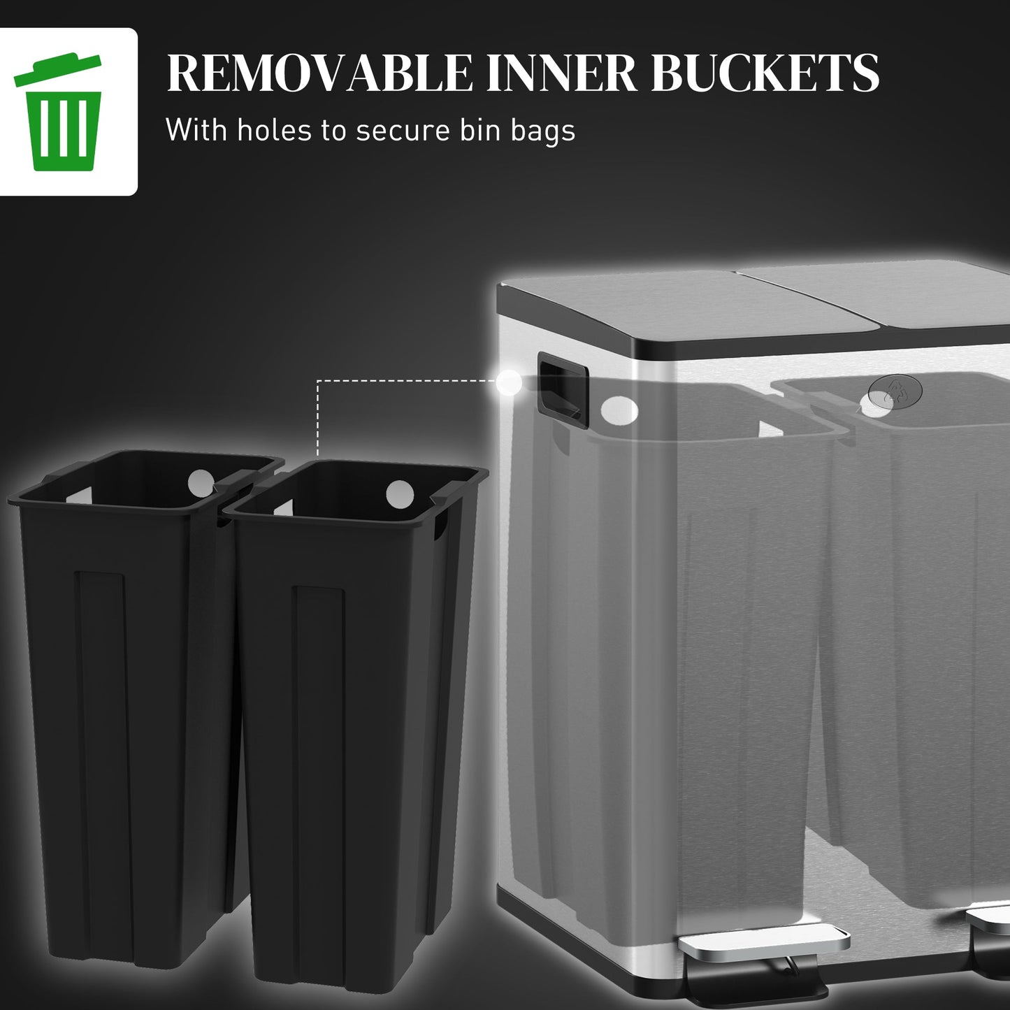 HOMCOM Dual Kitchen Bin, 2 x 20L Pedal Bin, Stainless Steel Double Rubbish Bin with Soft Close Lid, Removable Inner Buckets, Fingerprint-Proof for Recycling and Waste, Silver