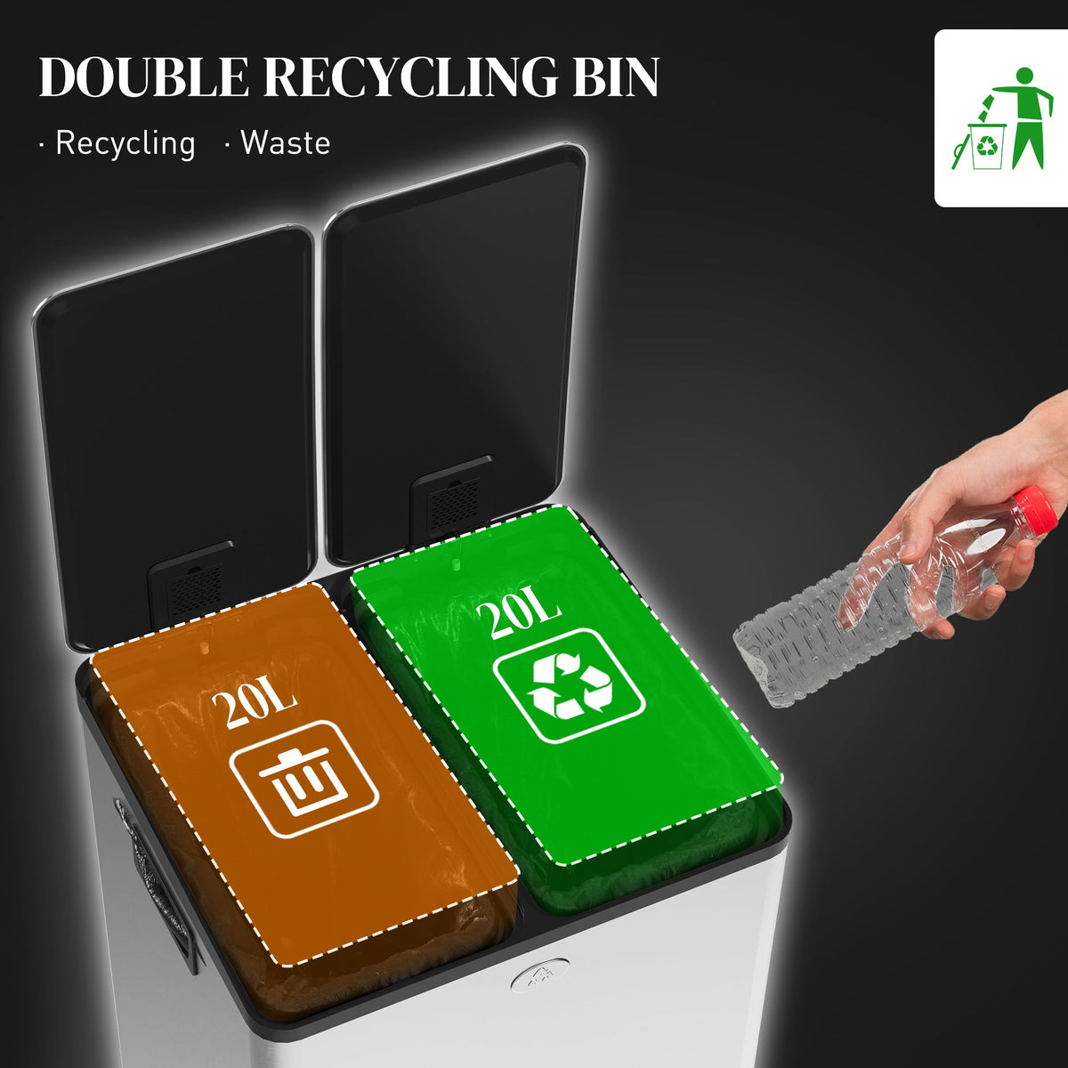 HOMCOM Dual Kitchen Bin, 2 x 20L Pedal Bin, Stainless Steel Double Rubbish Bin with Soft Close Lid, Removable Inner Buckets, Fingerprint-Proof for Recycling and Waste, Silver