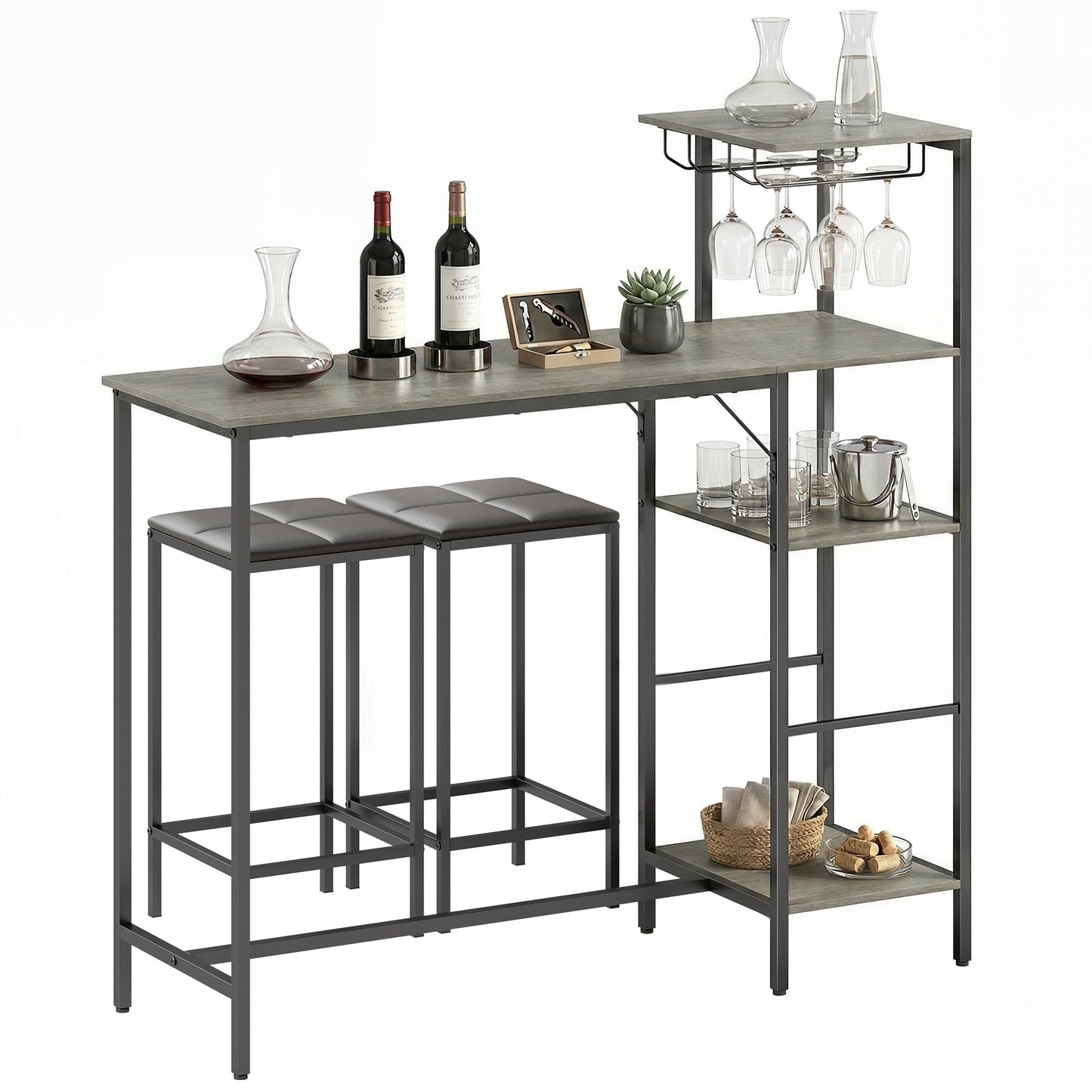 3 Piece Breakfast Bar Table and Stools Set, Dining Table with 4-tier shelving and Glasses Holders, 2 PU Leather Bar Stools with Footrest for Kitchen, Dining Room, Pub, Washed Grey