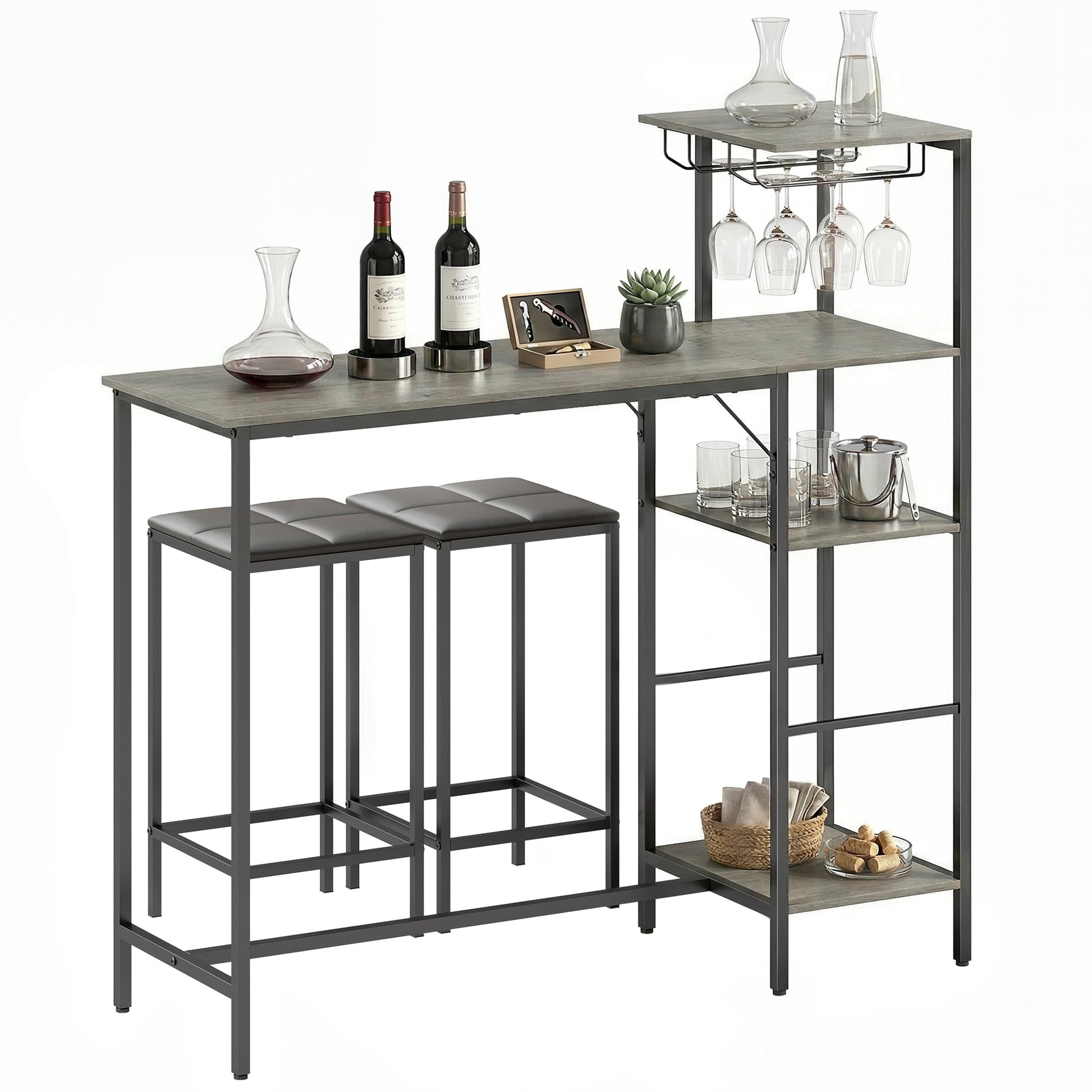 3 Piece Breakfast Bar Table and Stools Set, Dining Table with 4-tier shelving and Glasses Holders, 2 PU Leather Bar Stools with Footrest for Kitchen, Dining Room, Pub, Washed Grey