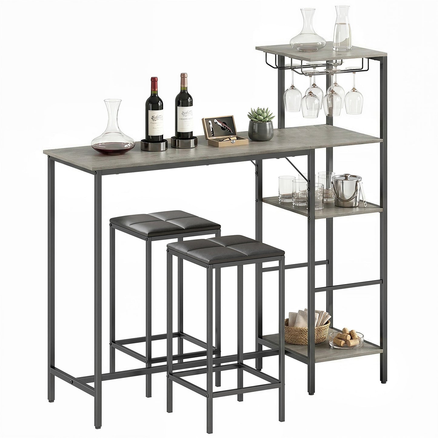 3 Piece Breakfast Bar Table and Stools Set, Dining Table with 4-tier shelving and Glasses Holders, 2 PU Leather Bar Stools with Footrest for Kitchen, Dining Room, Pub, Washed Grey