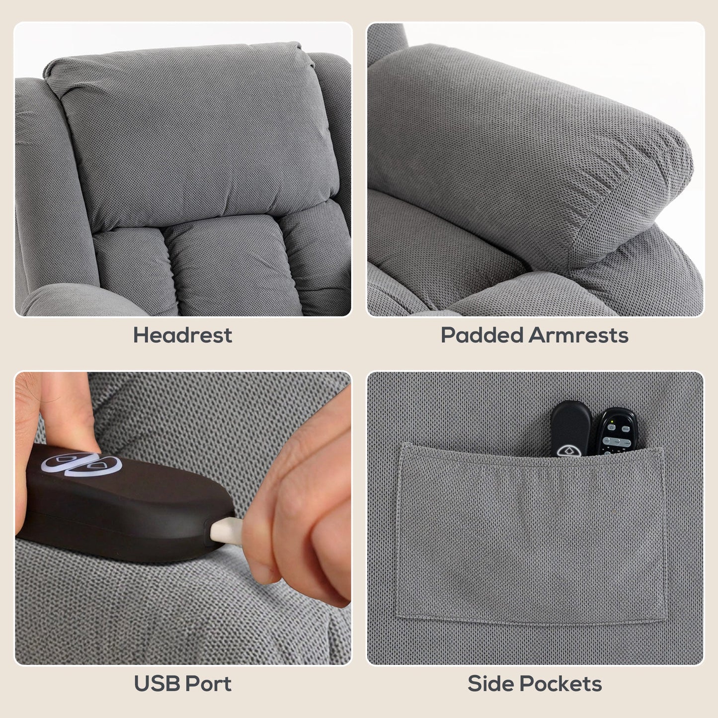 Recliner Armchair Lift Chair with Vibration Massage and Heat, Velvet-feel Fabric Electric Riser Recliner Chair for Elderly with Wide Seat, USB Port, Side Pockets for Living Room, Light Grey