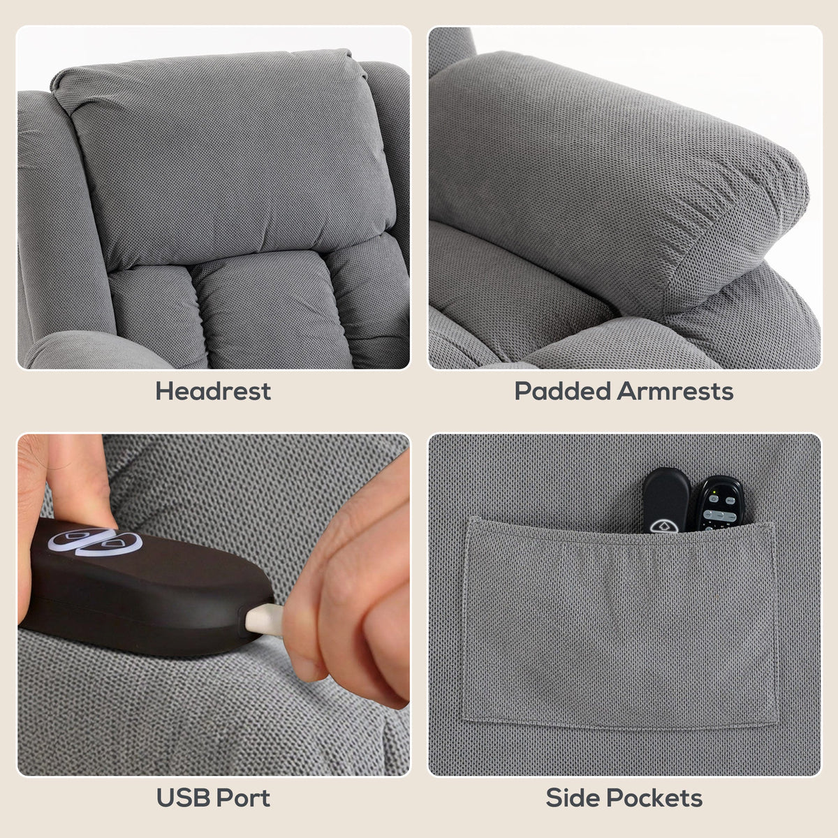 Recliner Armchair Lift Chair with Vibration Massage and Heat, Velvet-feel Fabric Electric Riser Recliner Chair for Elderly with Wide Seat, USB Port, Side Pockets for Living Room, Light Grey