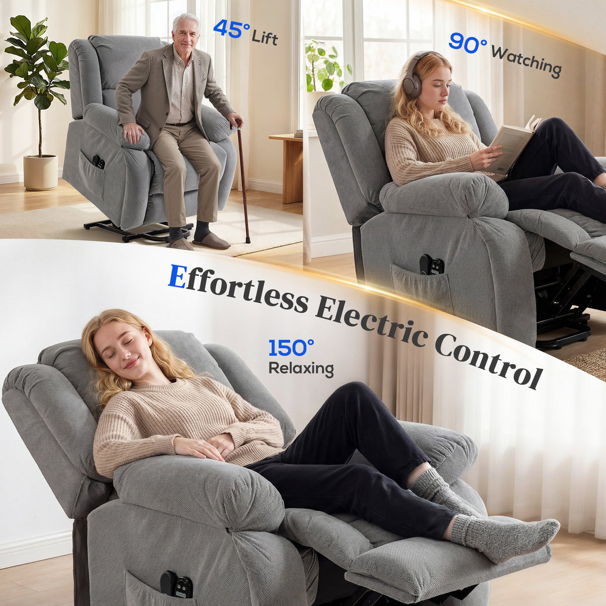 Recliner Armchair Lift Chair with Vibration Massage and Heat, Velvet-feel Fabric Electric Riser Recliner Chair for Elderly with Wide Seat, USB Port, Side Pockets for Living Room, Light Grey