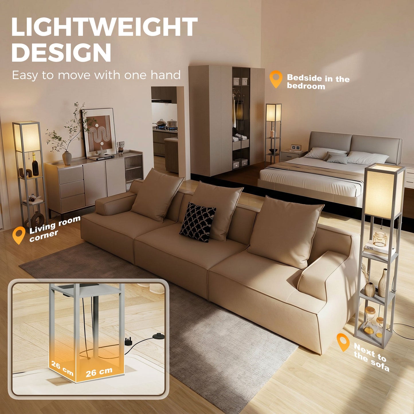 3-Tier Floor Lamp with Shelves and Storage, Modern Corner Standing Lamp with LED Bulb, Lampshade, Reading Light with Foot Switch for Living Room, Bedroom, Home Office, Grey