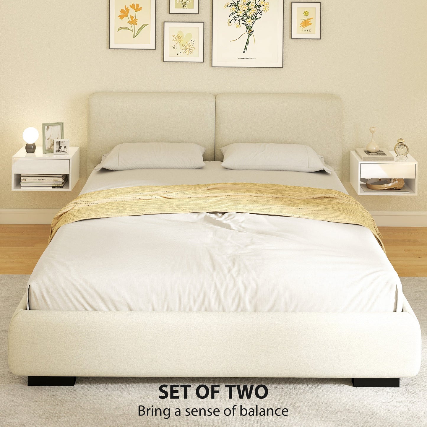 Floating Bedside Tables Set of 2, Wall Mounted Nightstand with Drawer and Open Shelf for Bedroom, High Gloss White