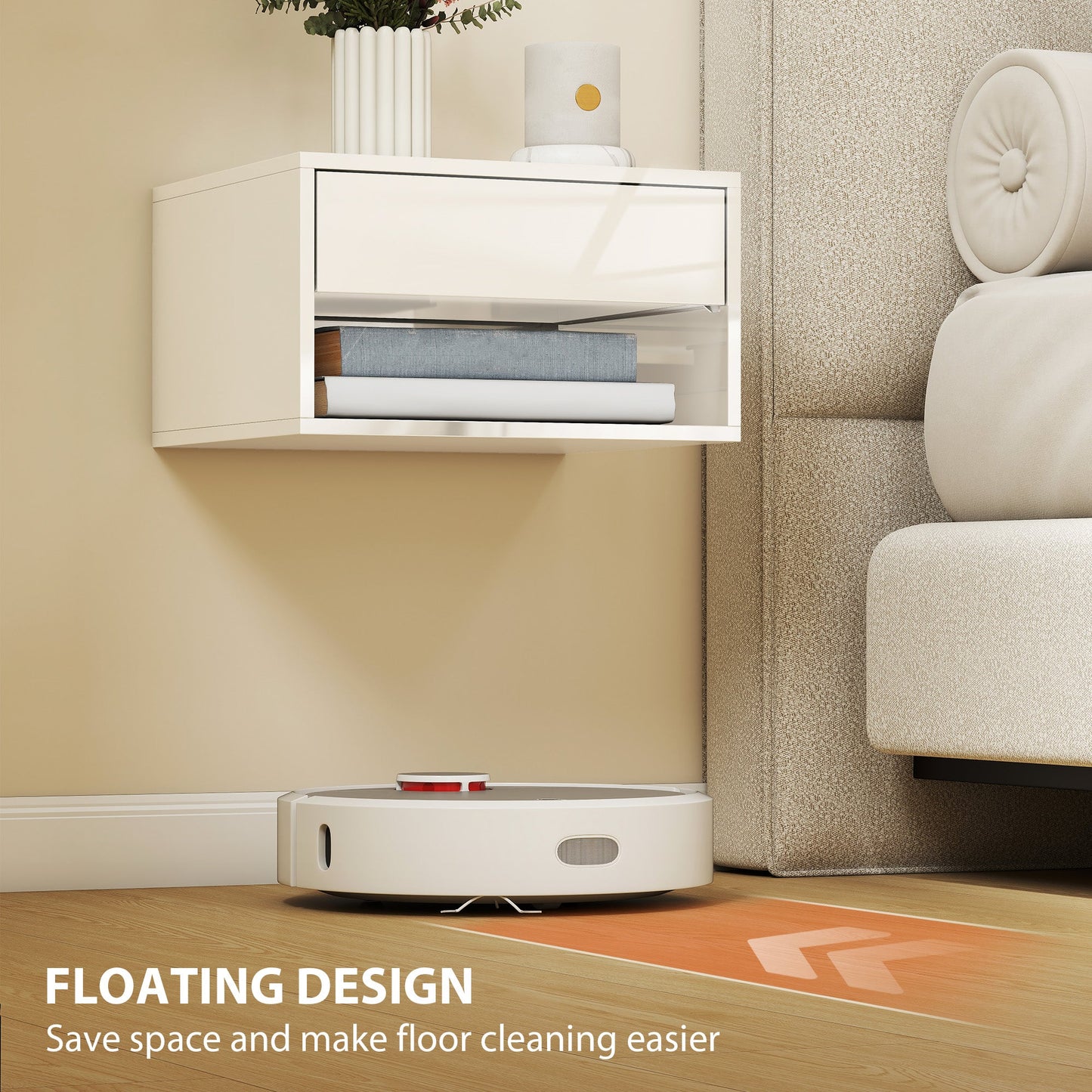 Floating Bedside Tables Set of 2, Wall Mounted Nightstand with Drawer and Open Shelf for Bedroom, High Gloss White