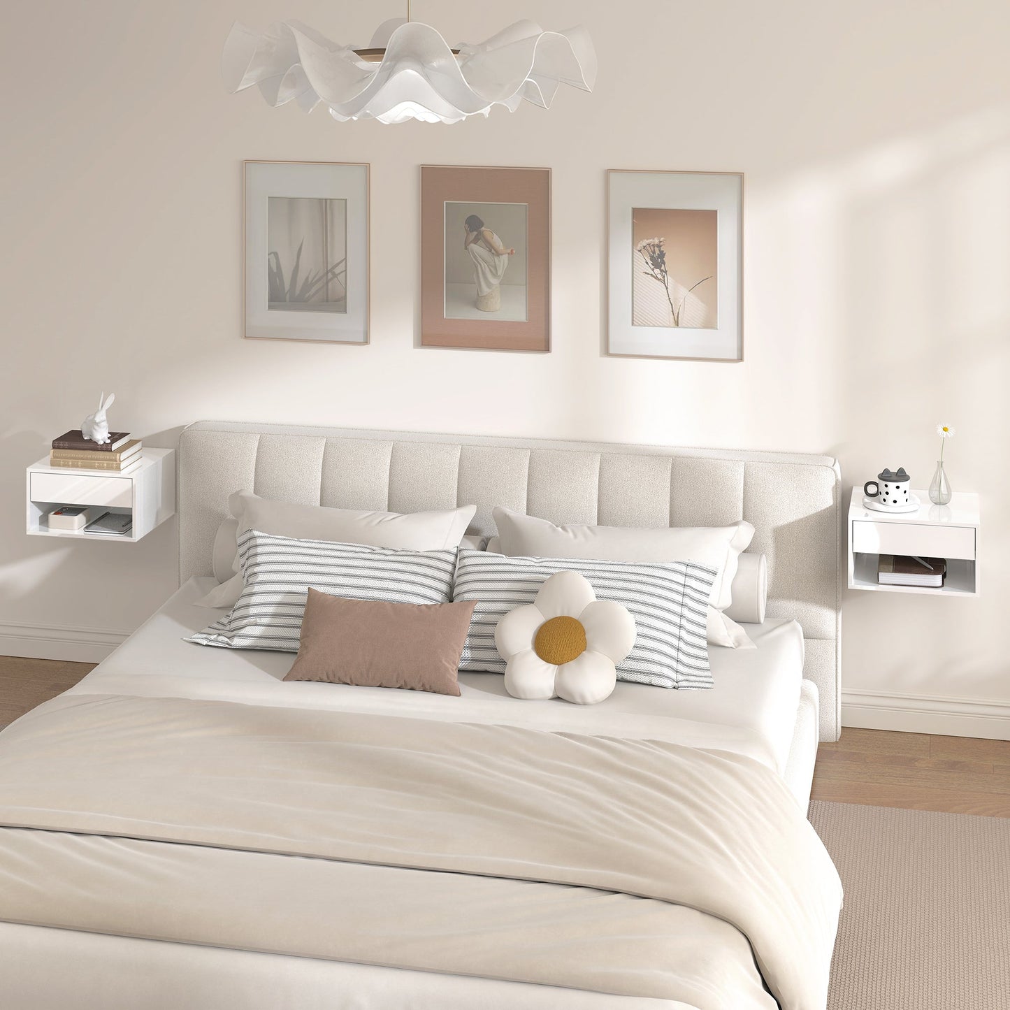 Floating Bedside Tables Set of 2, Wall Mounted Nightstand with Drawer and Open Shelf for Bedroom, High Gloss White