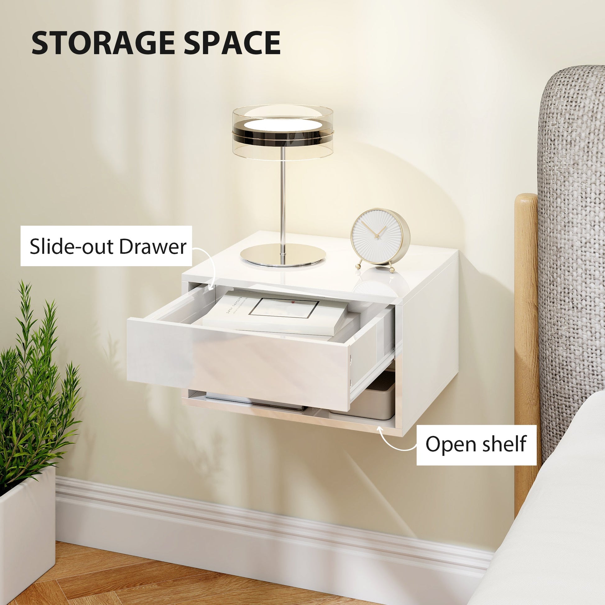 Floating Bedside Tables Set of 2, Wall Mounted Nightstand with Drawer and Open Shelf for Bedroom, High Gloss White