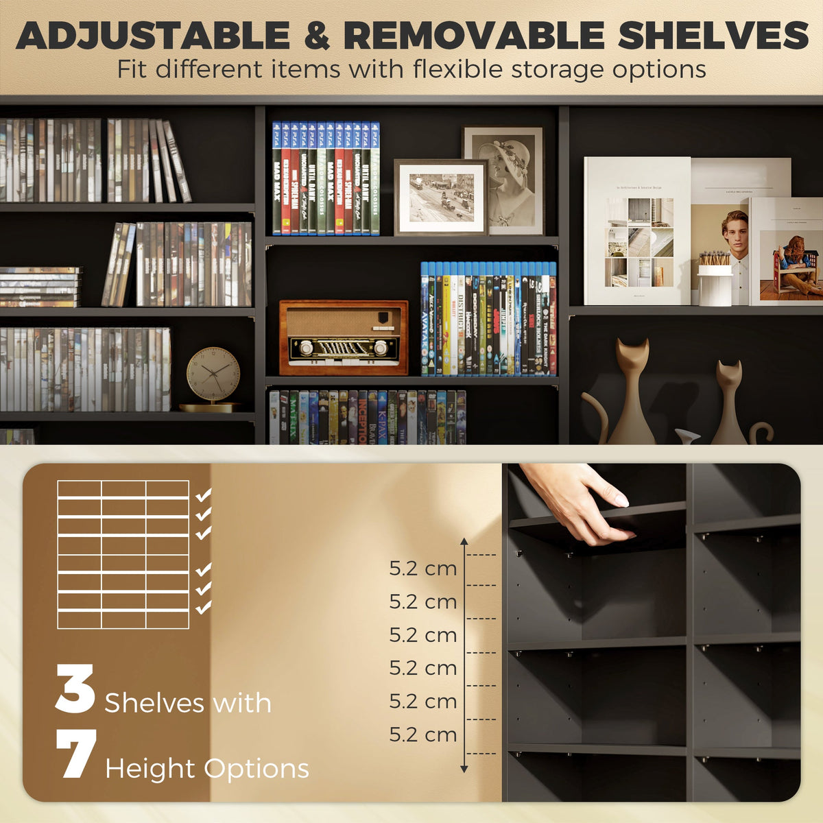 1032 CD/594 DVD Storage Unit, Blu-ray Media Storage Shelf with 24 Compartments and 18 Adjustable Shelves, CD Tower for Living Room, Bedroom, Office, Black