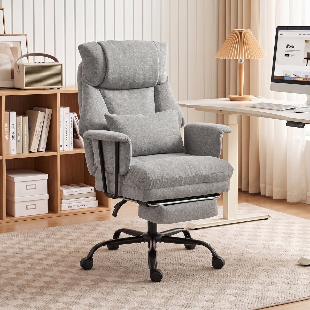 Office Chair, 180kg Heavy Duty Linen Computer Desk Chair with Lumbar Support, Wide Seat, Spring Cushion, Reclining Backrest, Footrest, Swivel Wheels, Grey