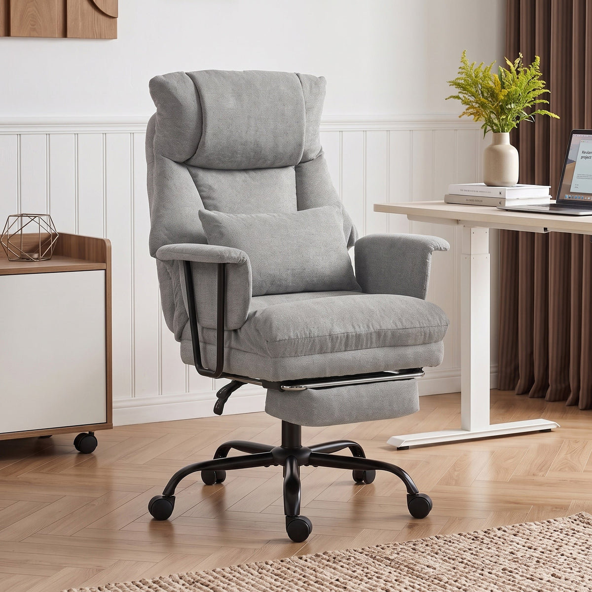 Office Chair, 180kg Heavy Duty Linen Computer Desk Chair with Lumbar Support, Wide Seat, Spring Cushion, Reclining Backrest, Footrest, Swivel Wheels, Grey